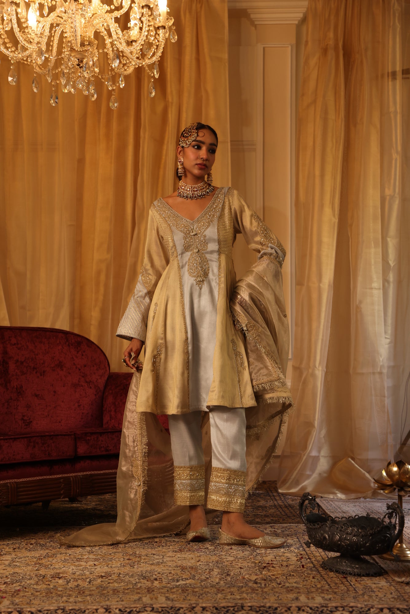 Gold & Silver Cotton Tissue Short Kurta & Straight Pants Set