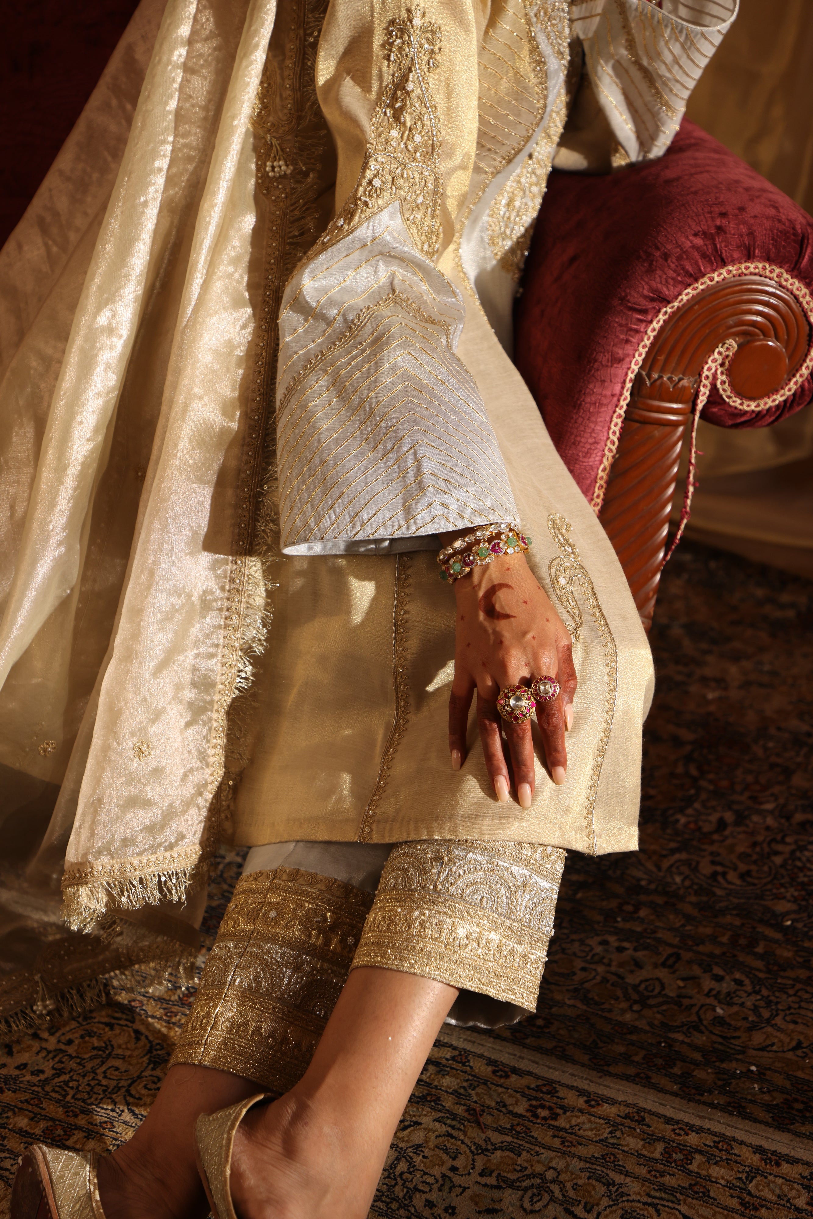 Gold & Silver Cotton Tissue Short Kurta & Straight Pants Set