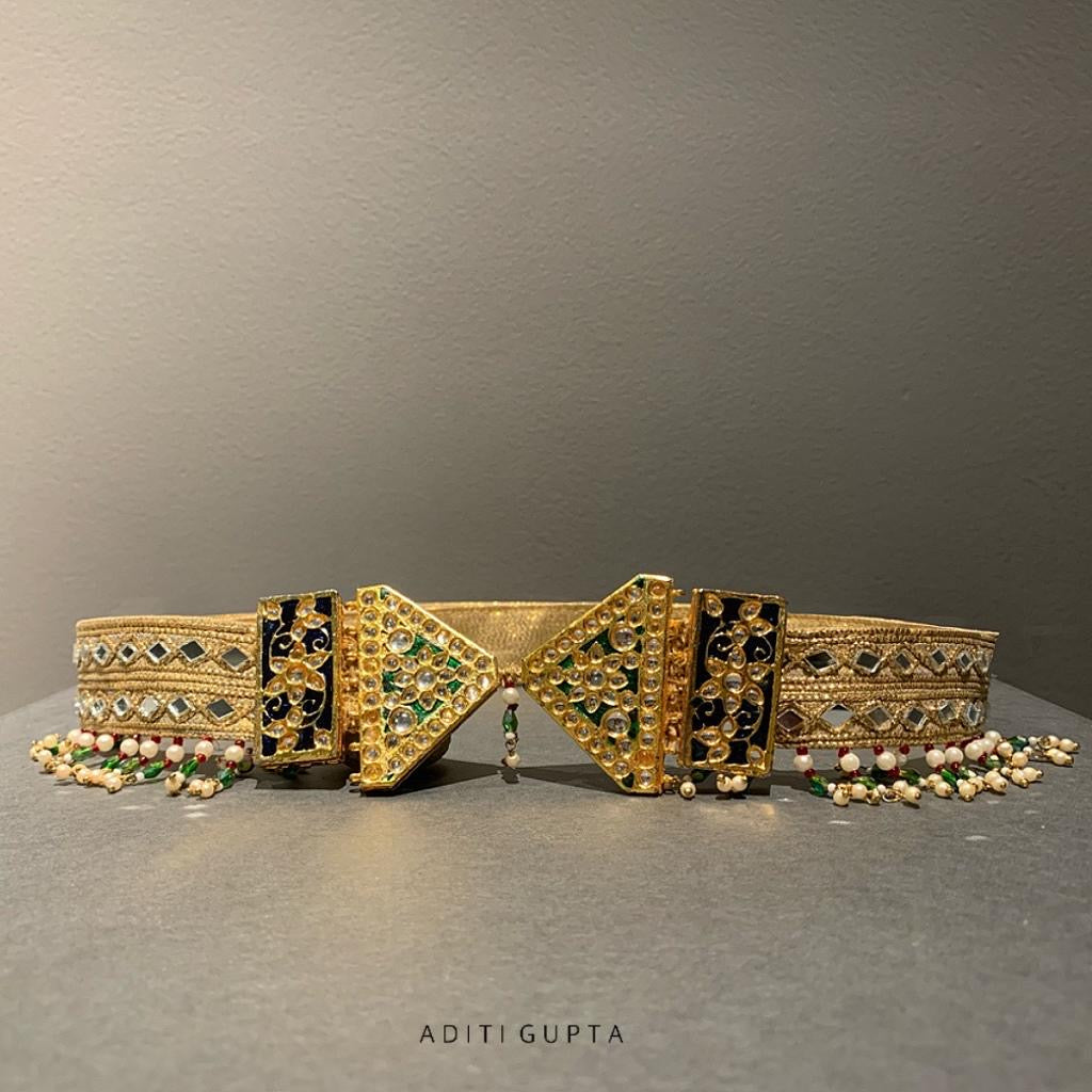 Women's Green Triangle Motif Meenakari Belt