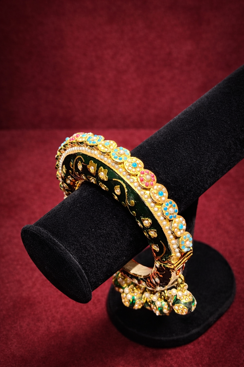 Emerald Meenakari Heritage Bangle with Pearl & Turquoise Detailing