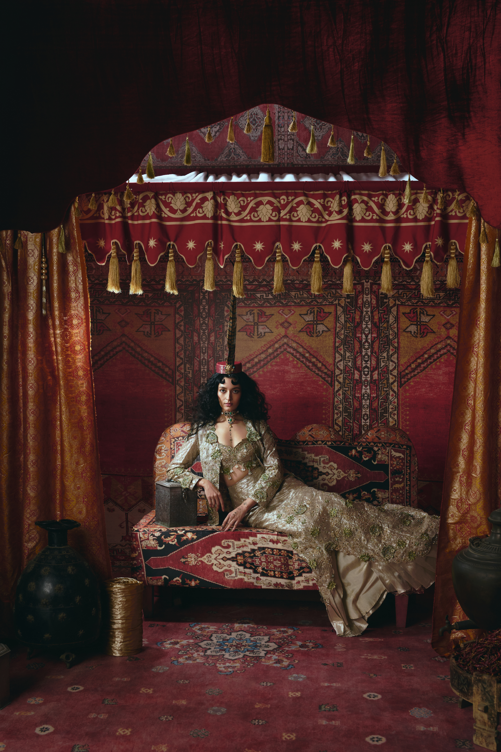 Pearl-Gold Skirt, Jacket, and Bustier Set