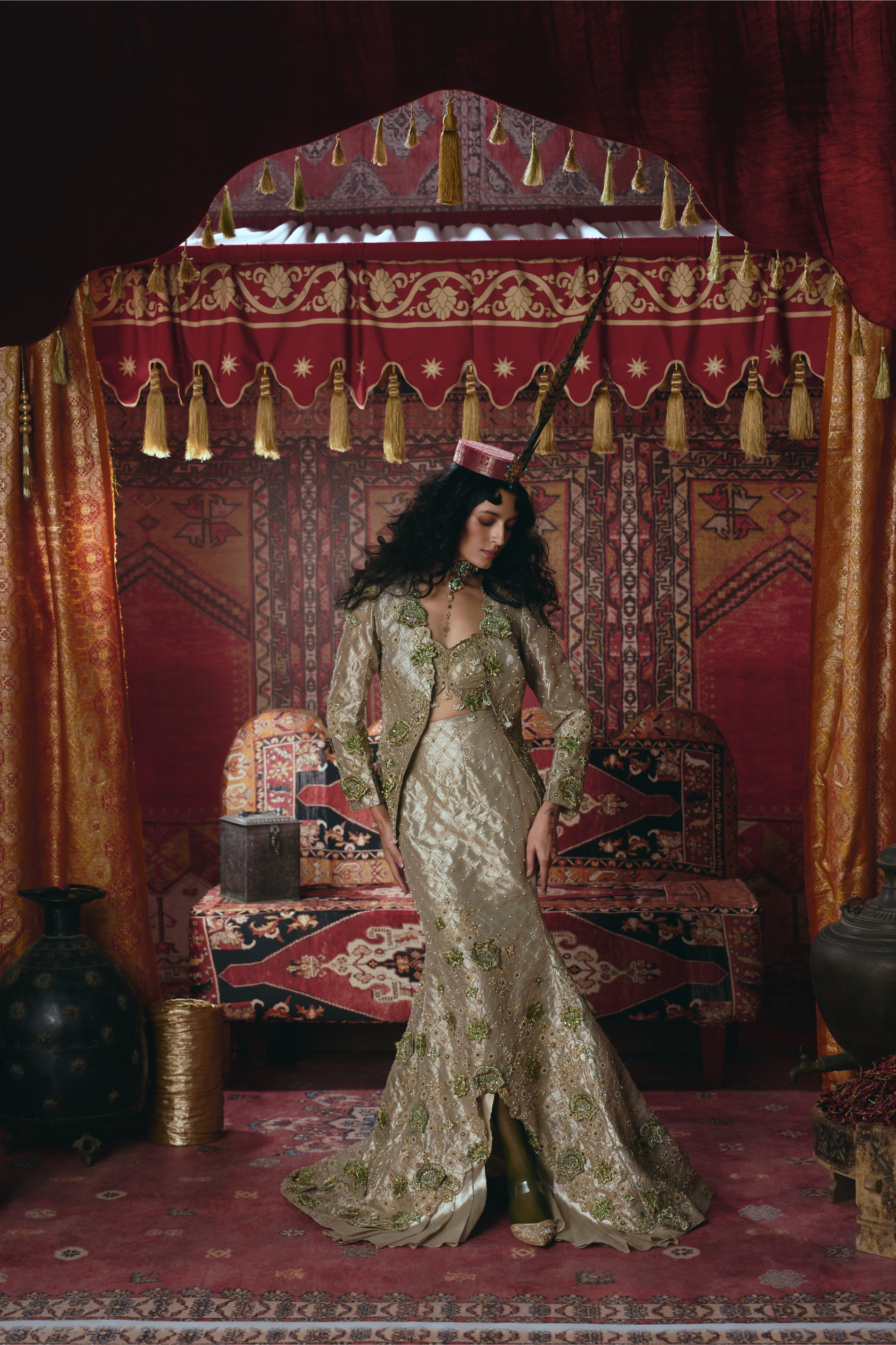 Pearl-Gold Skirt, Jacket, and Bustier Set