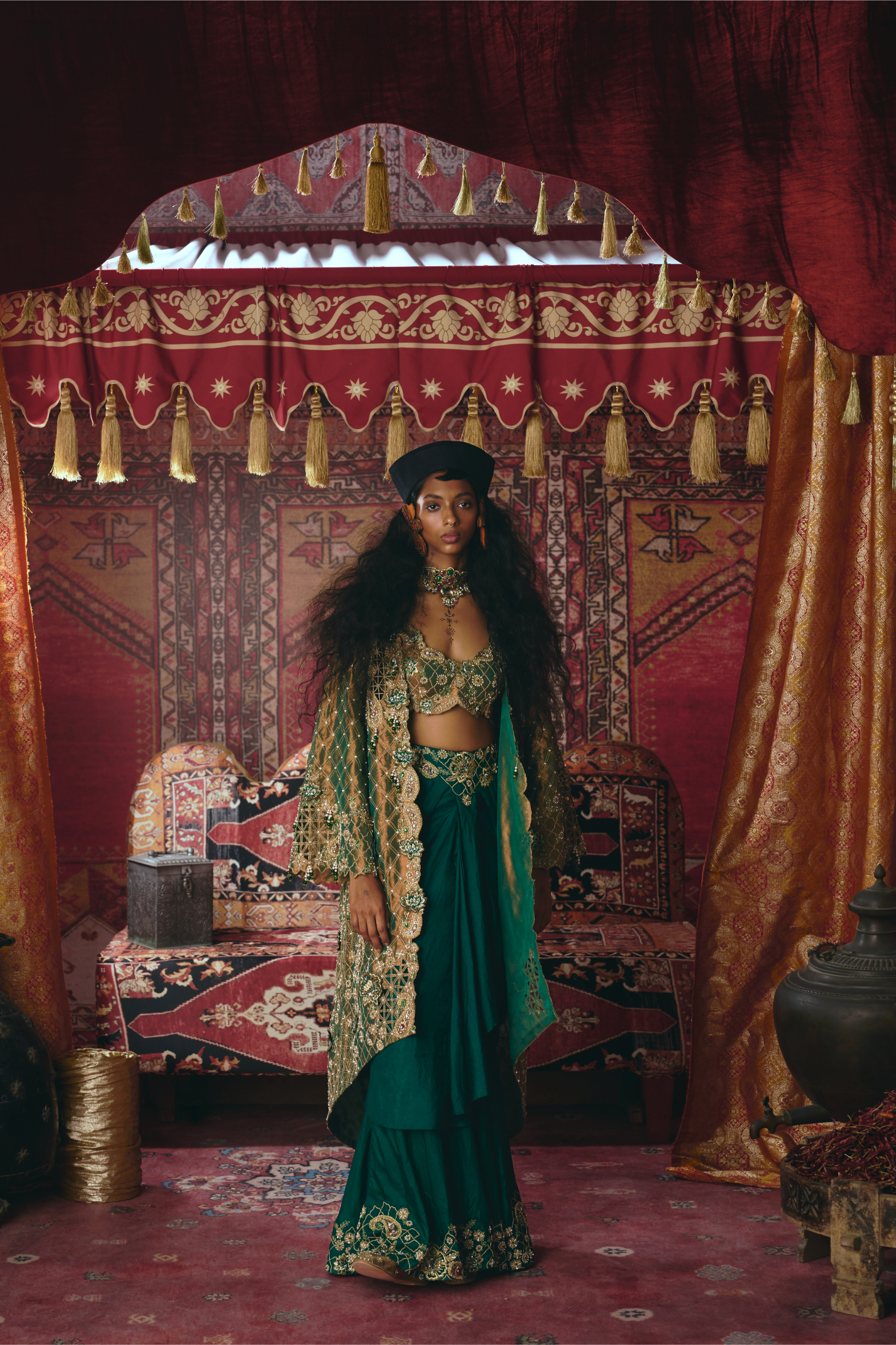 Emerald Green Draped Skirt,Long Jacket, and Bustier Set