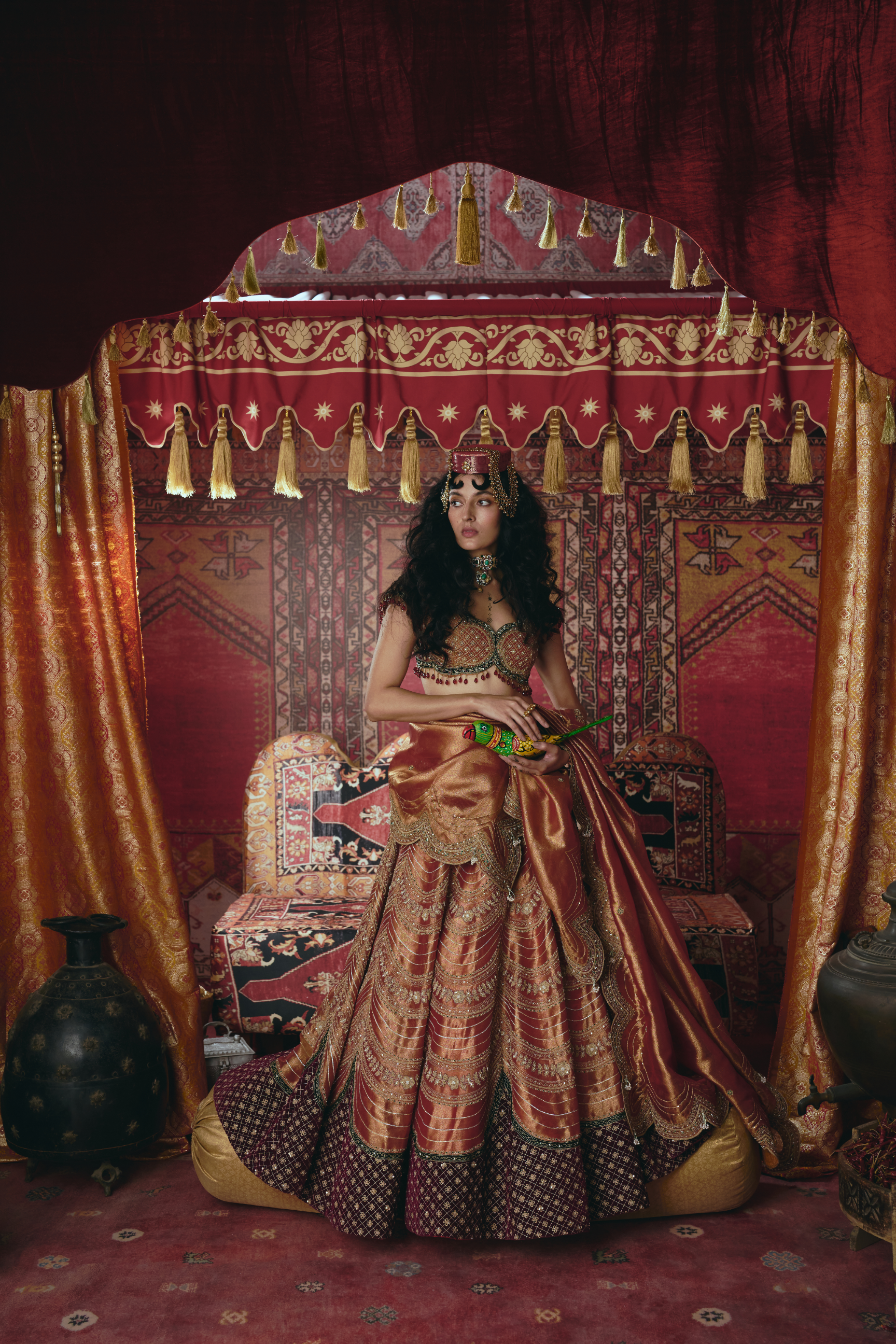 Rust Orange Pure Tissue and Maroon Velvet Lehenga Set