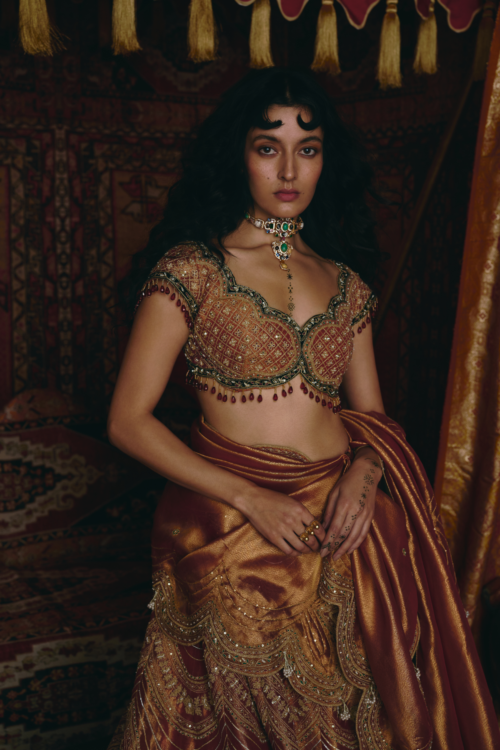 Rust Orange Pure Tissue and Maroon Velvet Lehenga Set