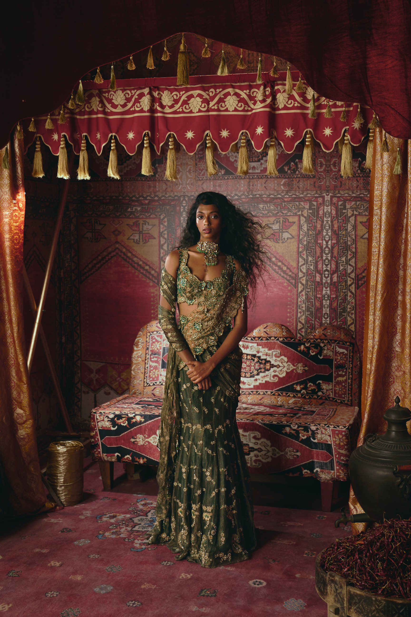 Emerald Green Drape Saree and Blouse Set