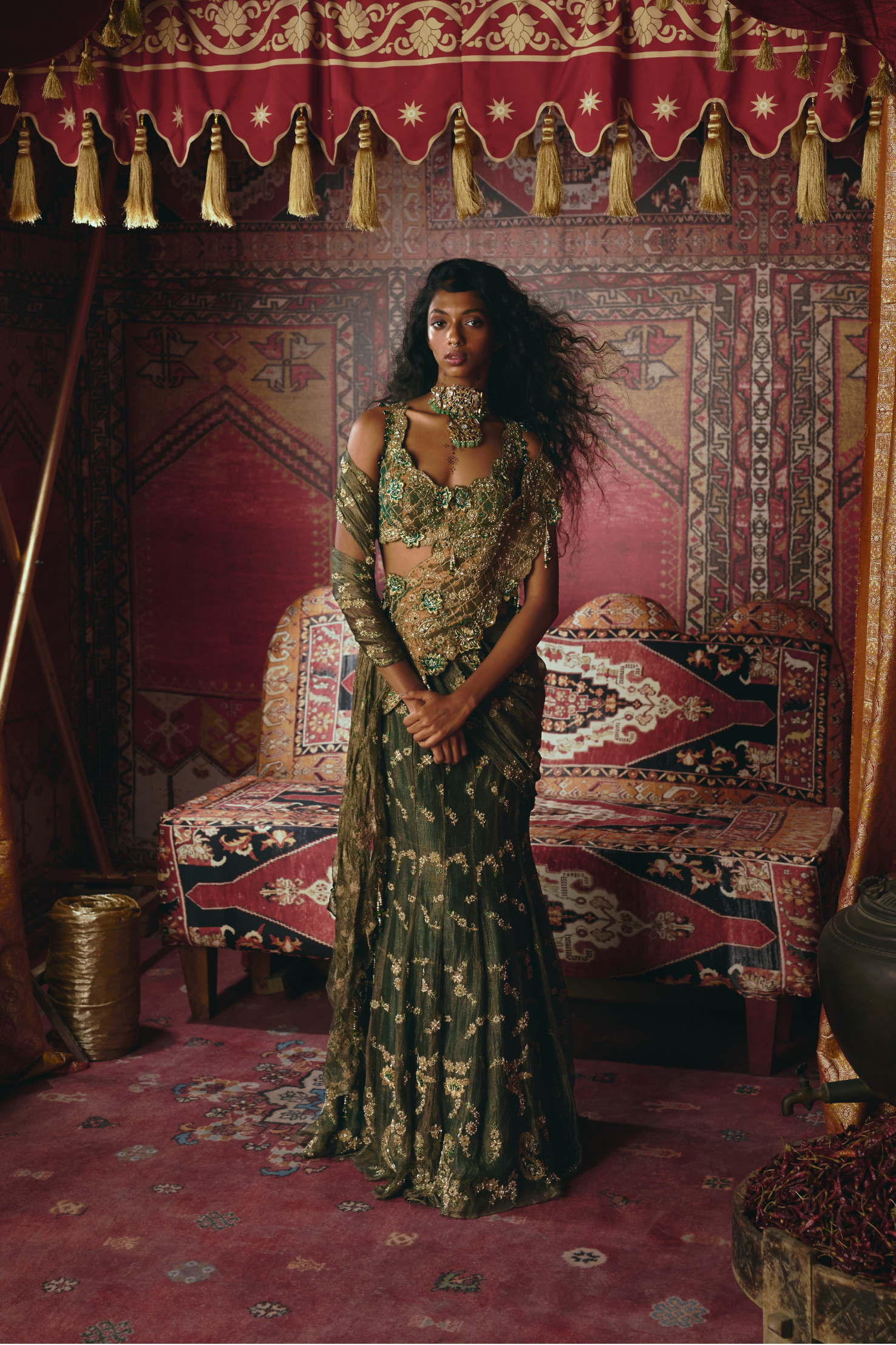 Emerald Green Drape Saree and Blouse Set