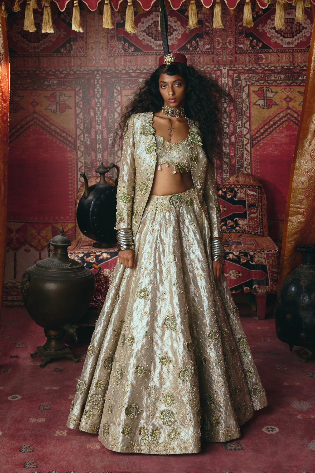 Pearl Gold 3D Flower Lehenga Set