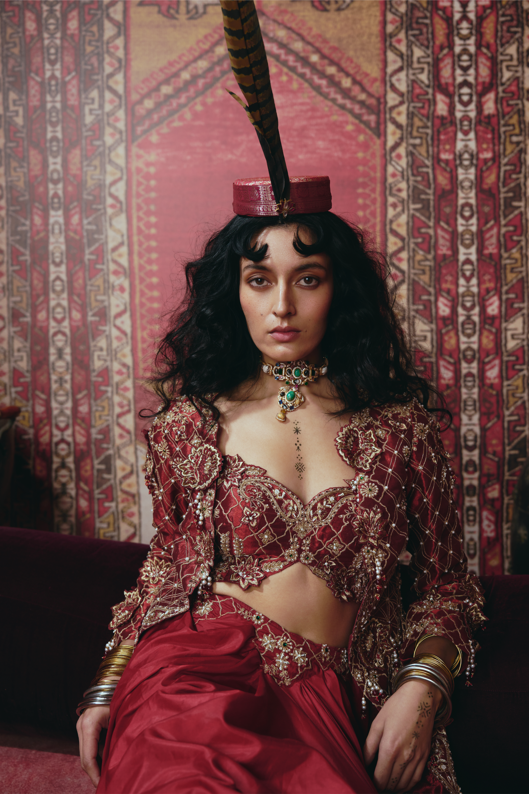 Maroon Drape Skirt, Jacket and Bustier Set