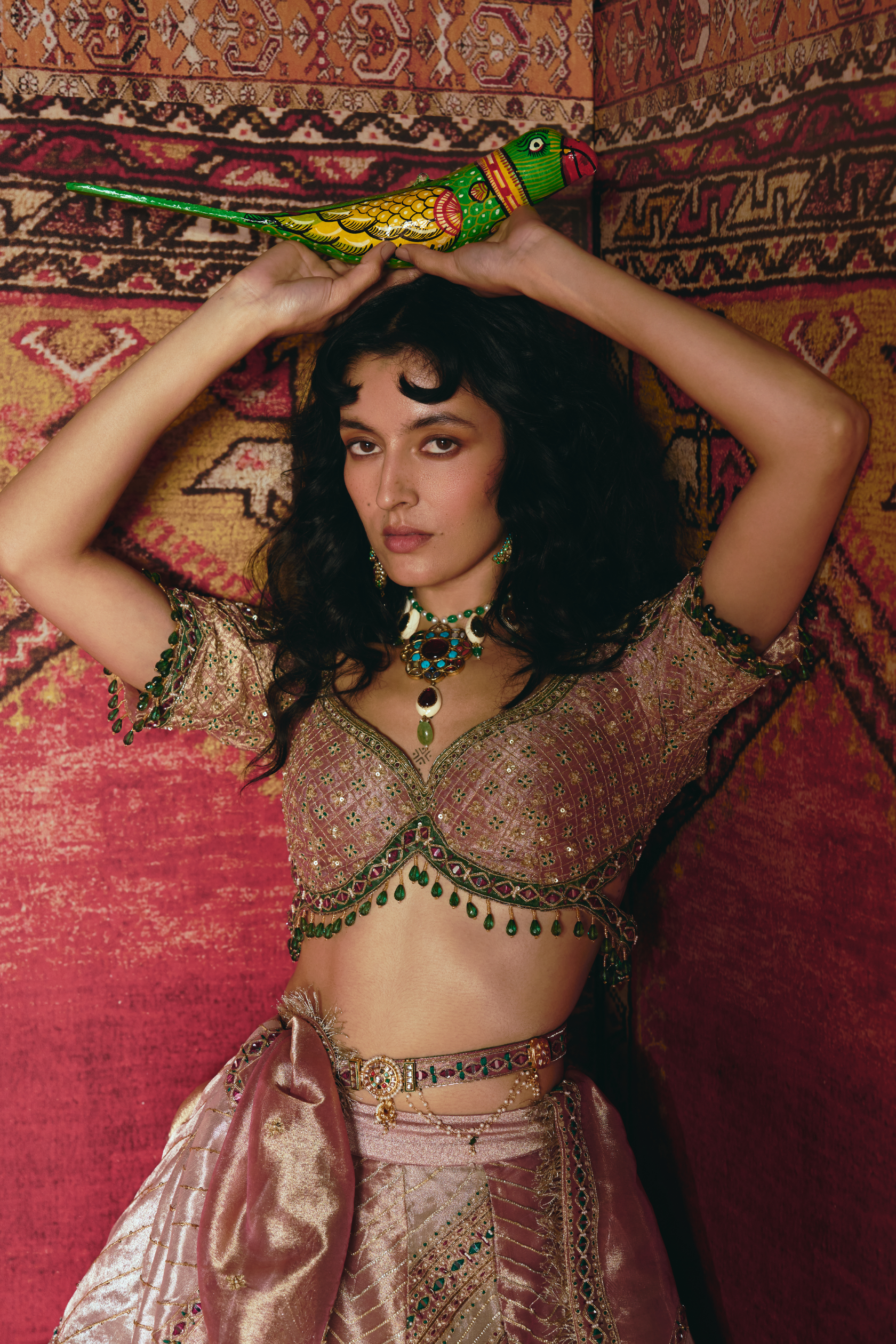 Pink and Rose Gold Pure Tissue with Green Banarsi Lehenga Set