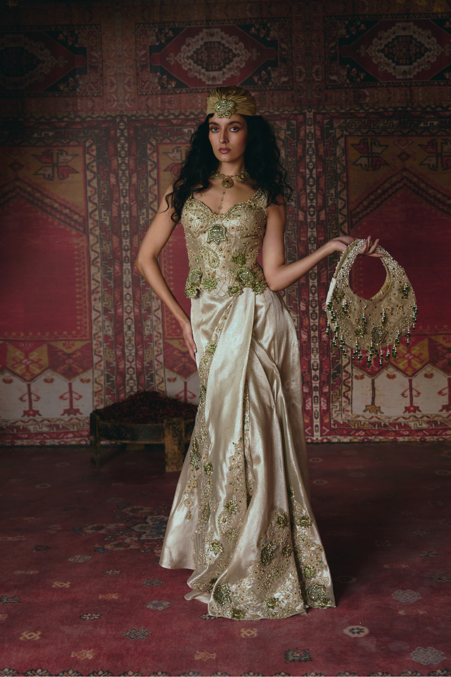 Pearl-Gold Draped Skirt and Corset Set