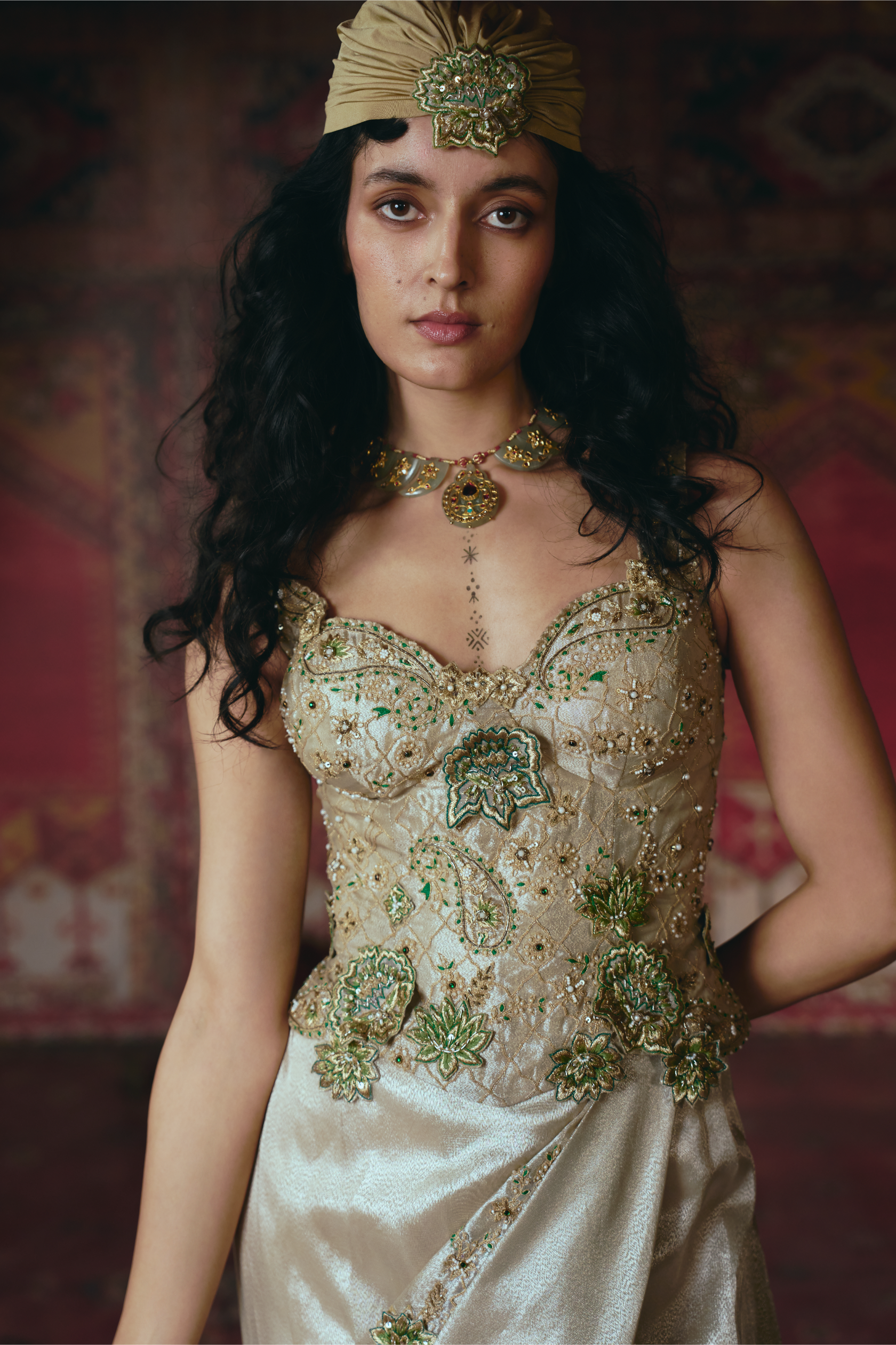 Pearl-Gold Draped Skirt and Corset Set