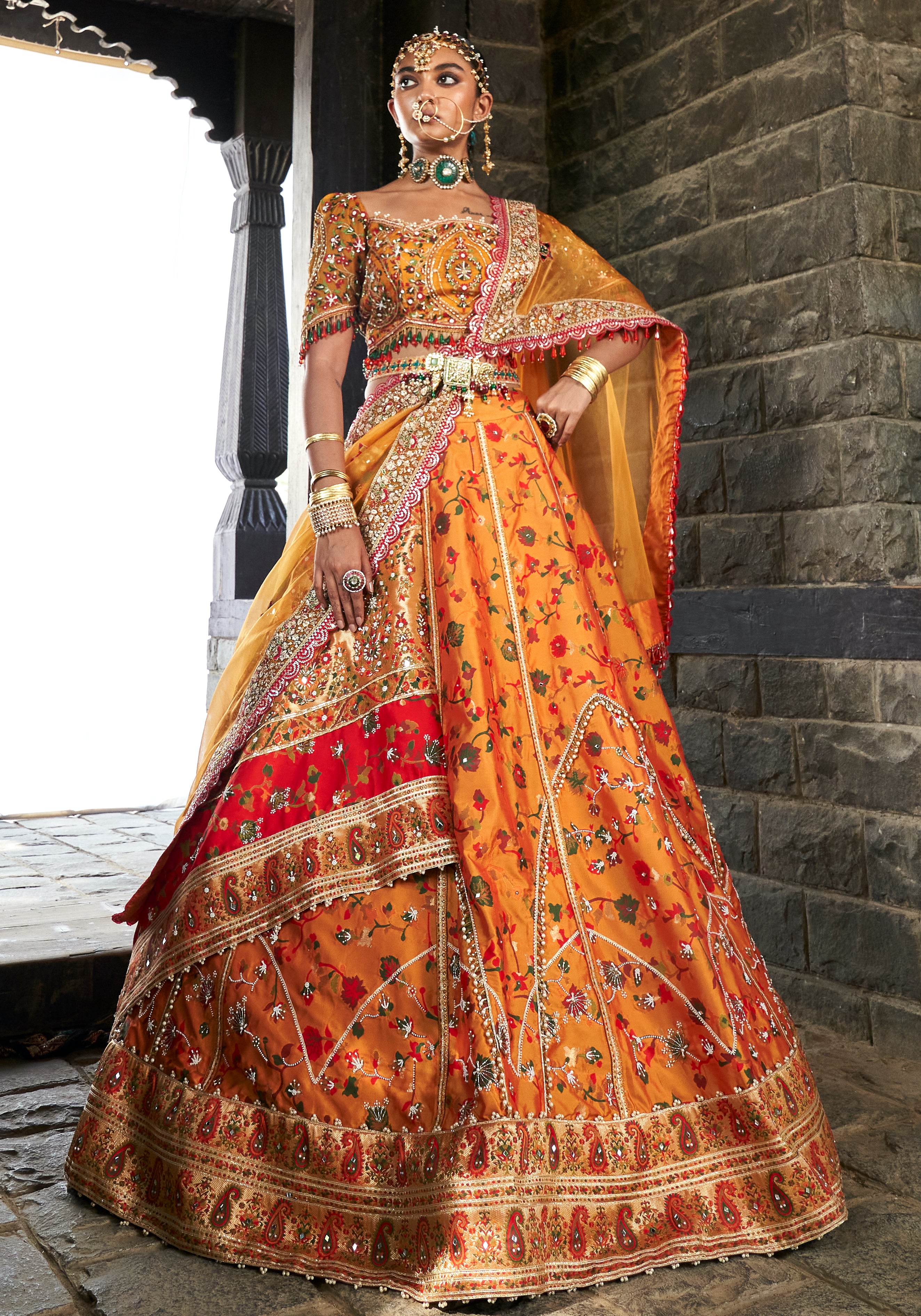 Mustard kani embroidered Lehenga