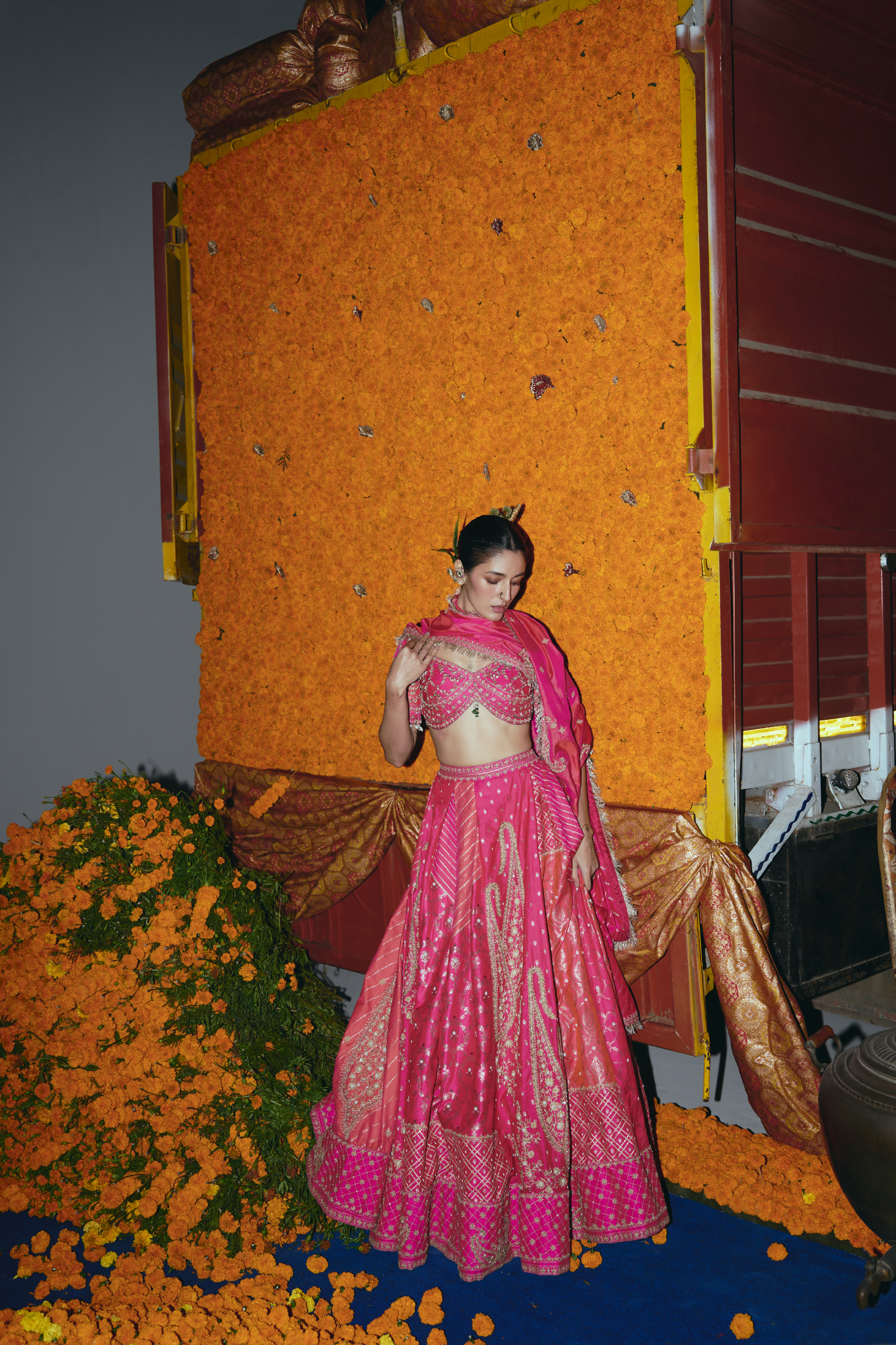 Abstract Pink and Peach Silk Banarsi Lehenga Set