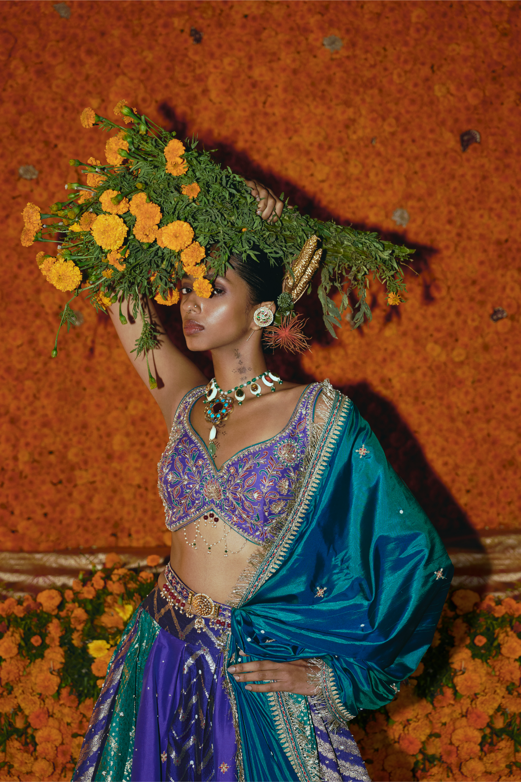 Purple and Teal Silk Banarsi Lehenga Set