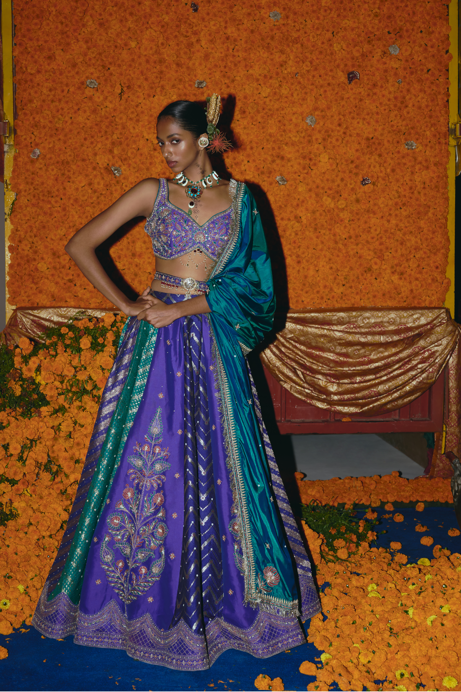 Purple and Teal Silk Banarsi Lehenga Set
