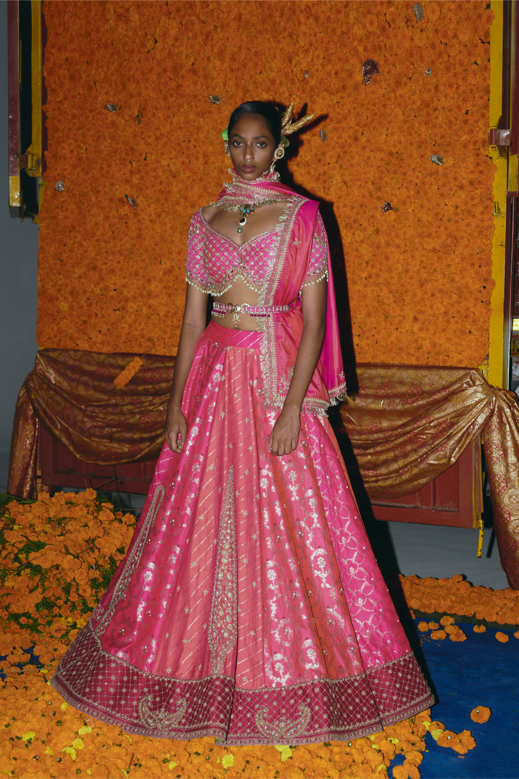 Panelled Hot Pink and Peach Silk Banarsi Lehenga Set