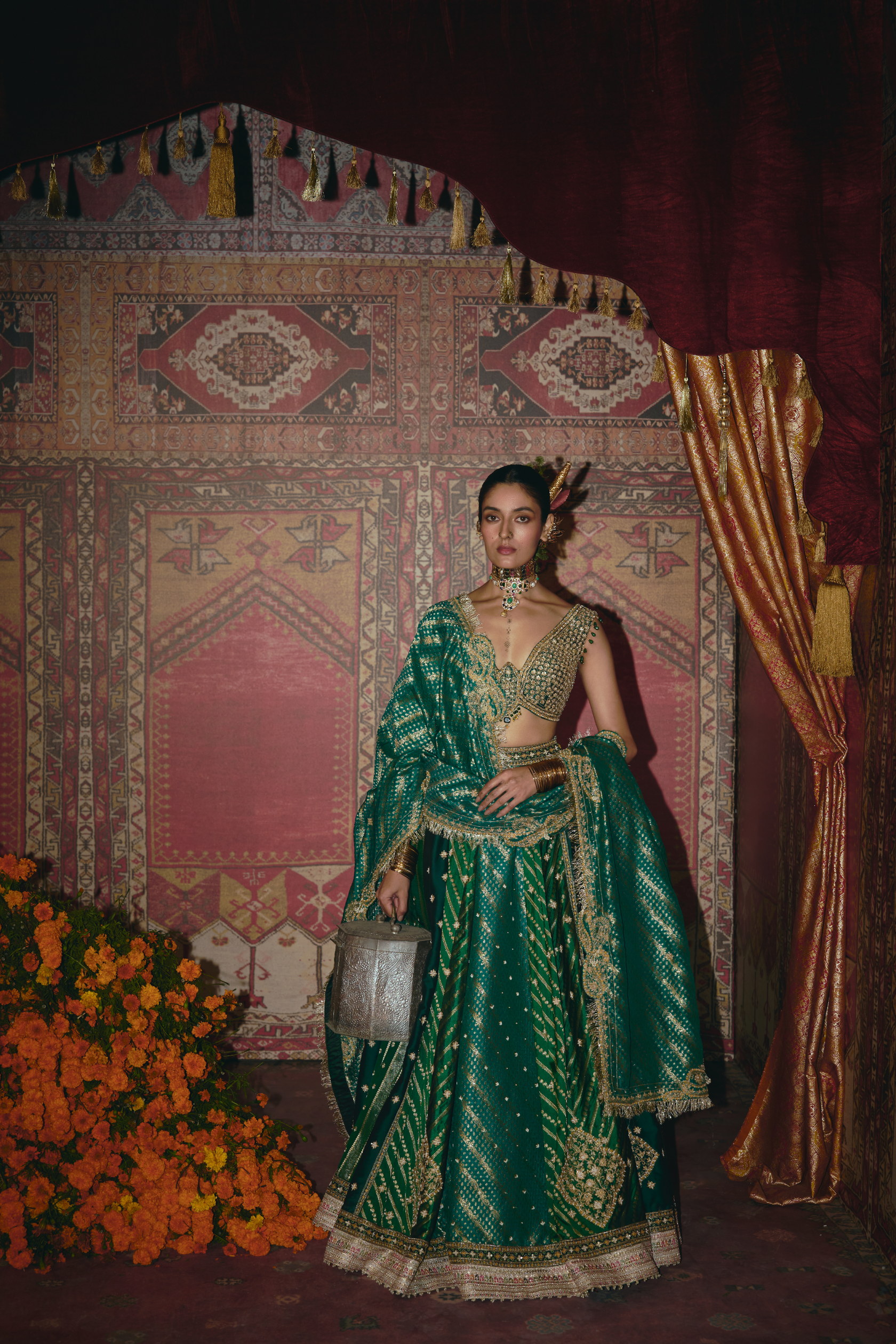 Green and Teal Silk Banarsi Lehenga Set