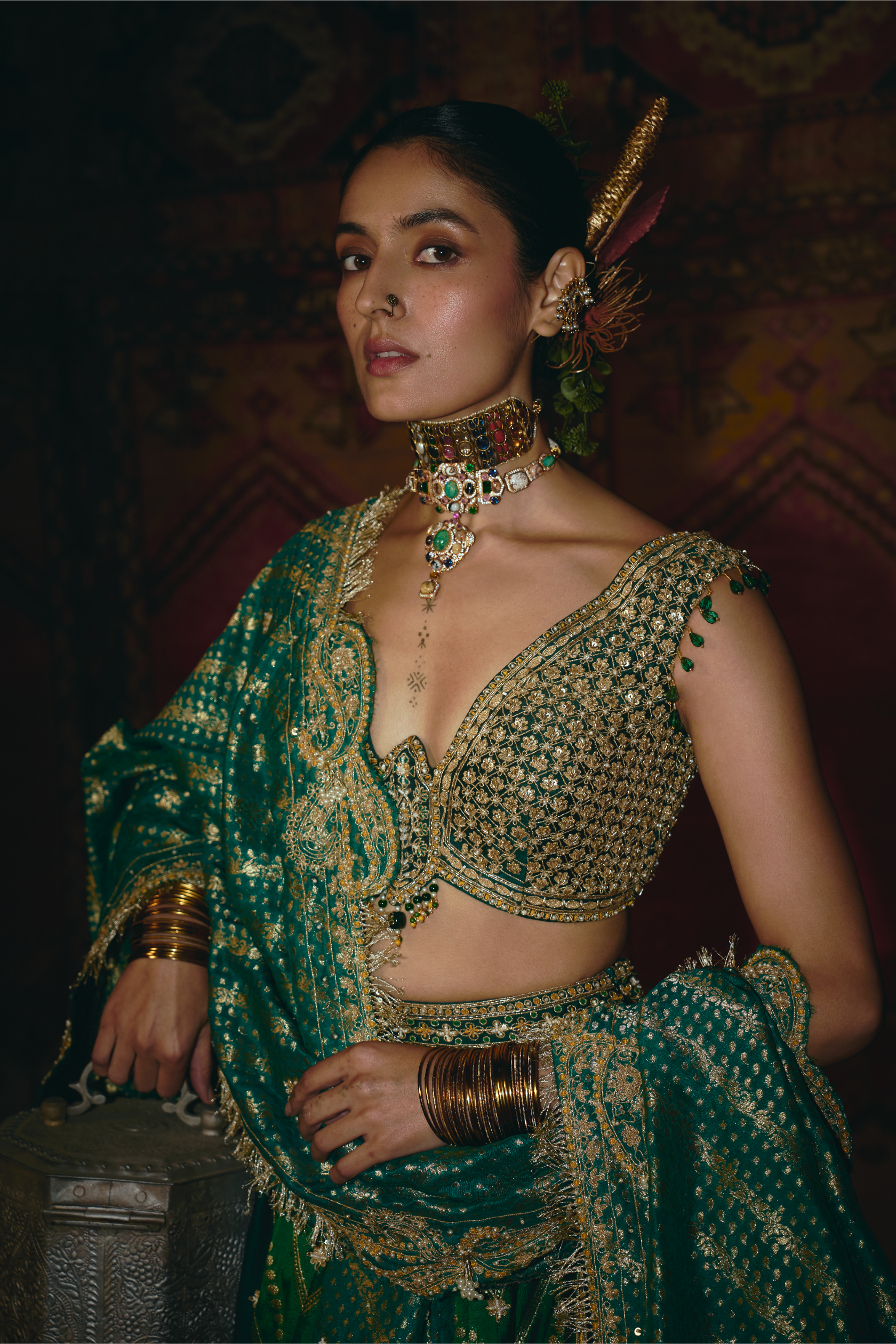 Green and Teal Silk Banarsi Lehenga Set