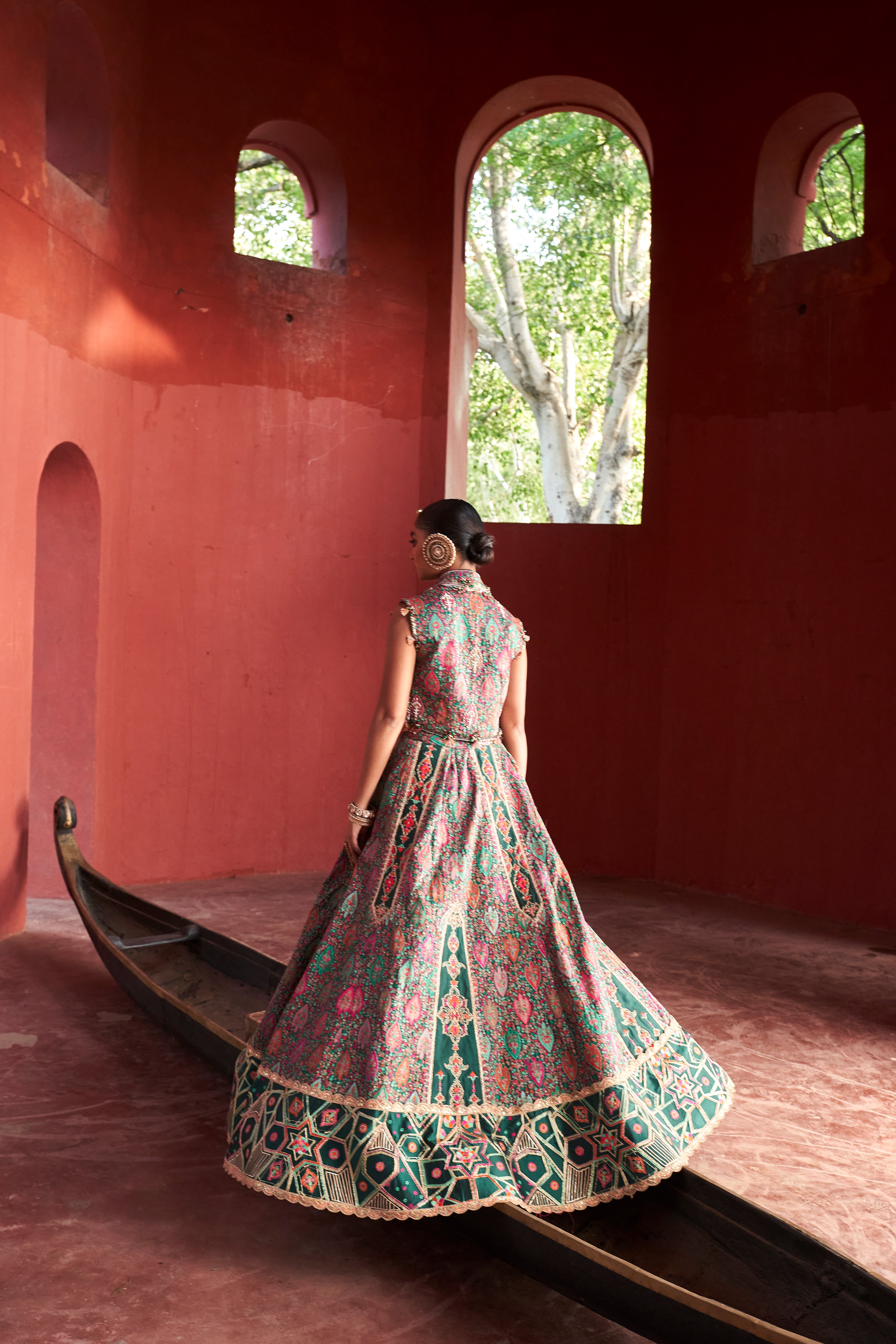 Dark Green Jamawar lehnga with Jacket