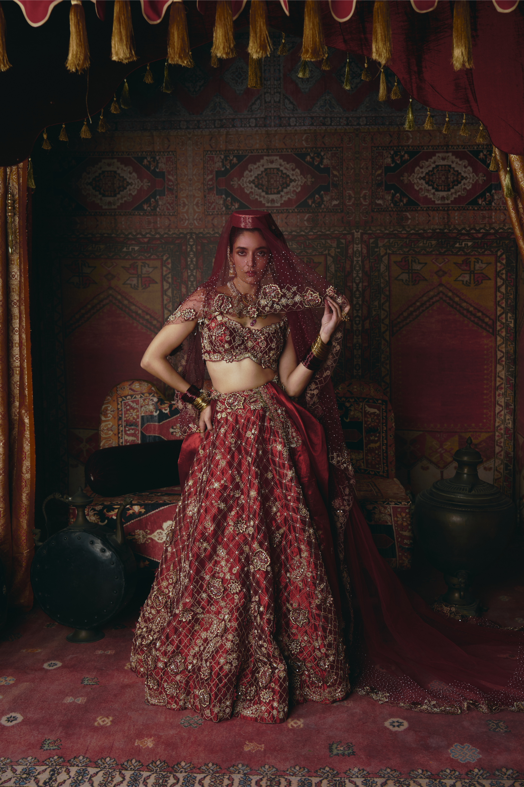 Maroon 3D Flower Lehenga Set