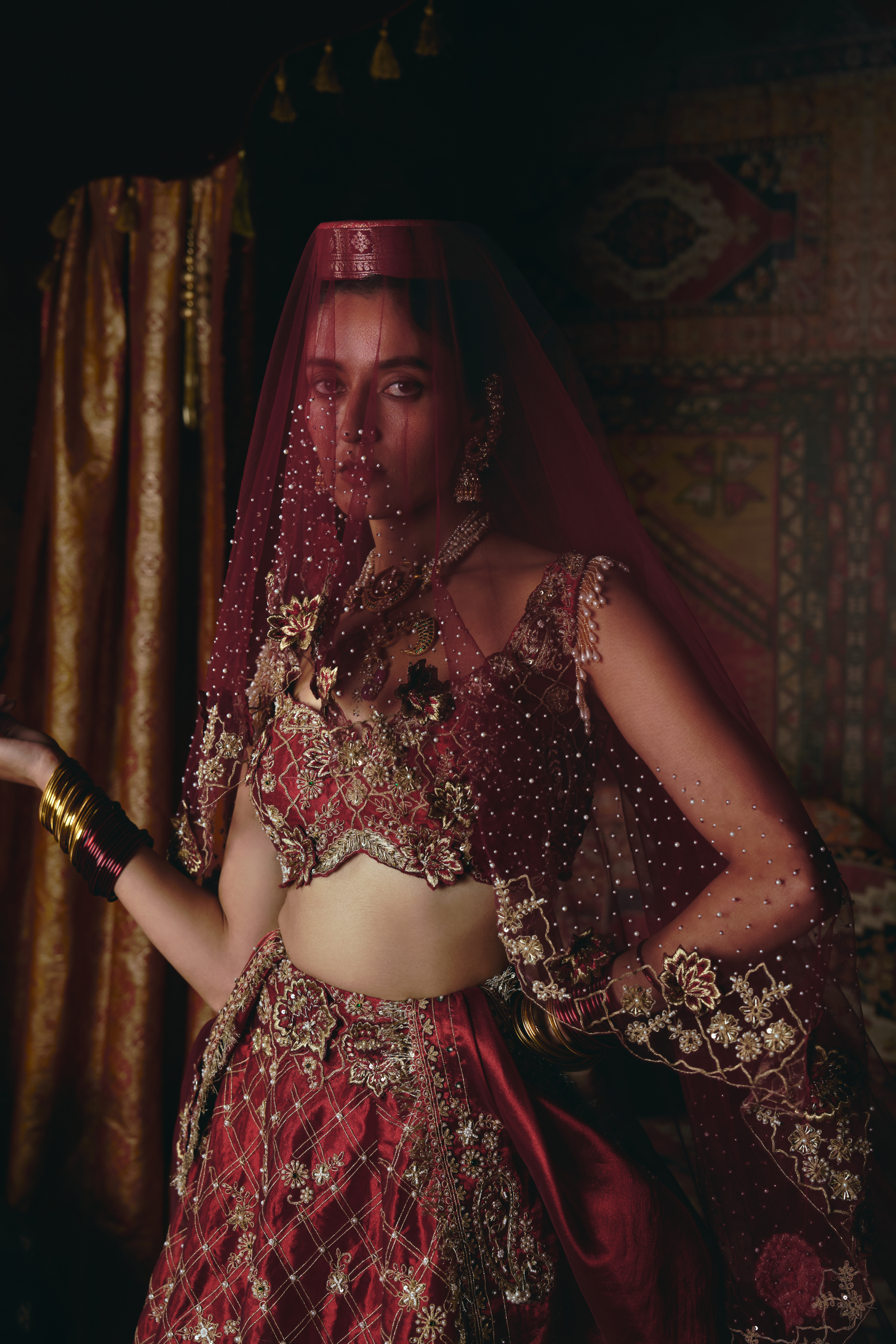 Maroon 3D Flower Lehenga Set