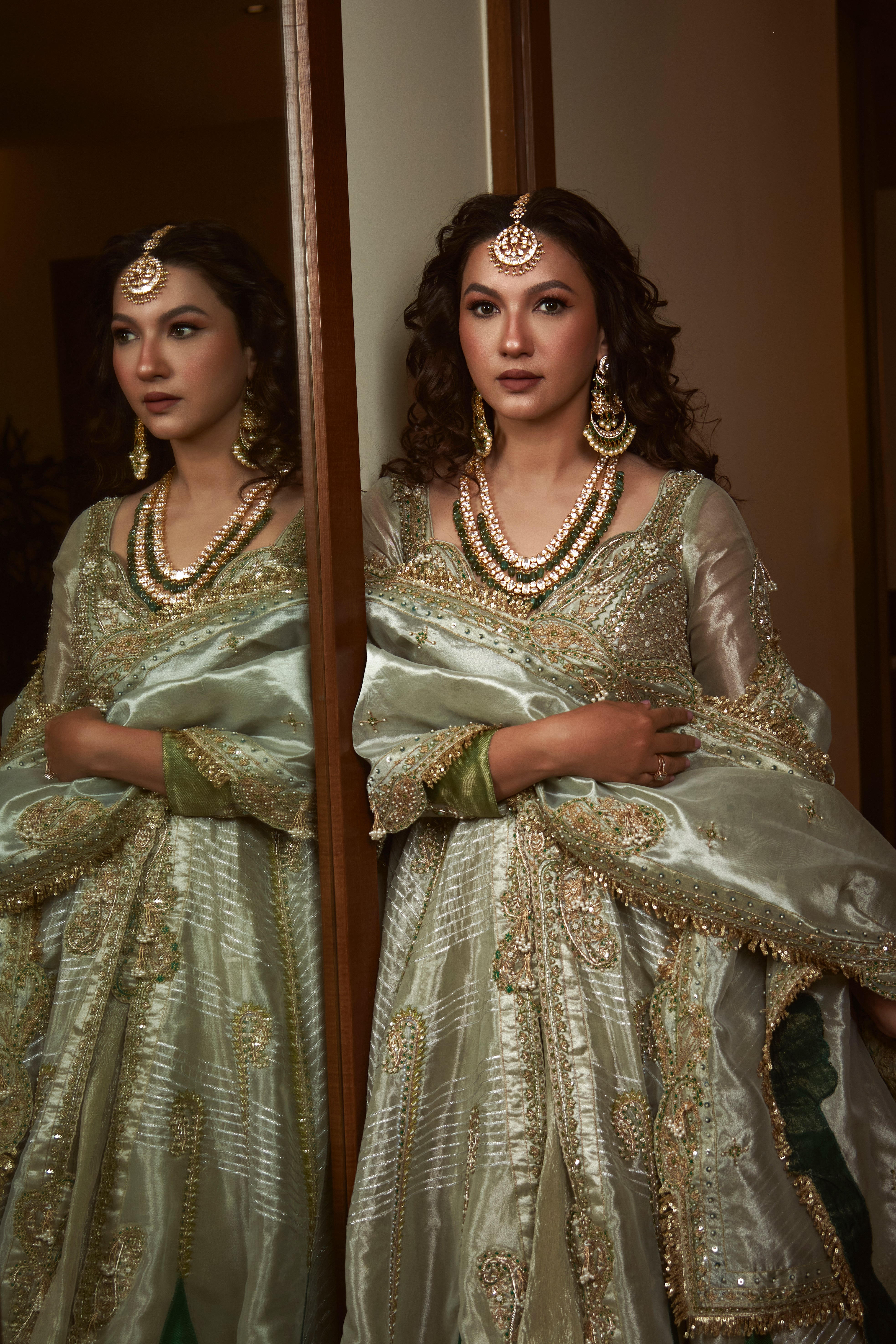 Gauhar Khan in our Pearl gold silk zari tissue jacket with skirt set