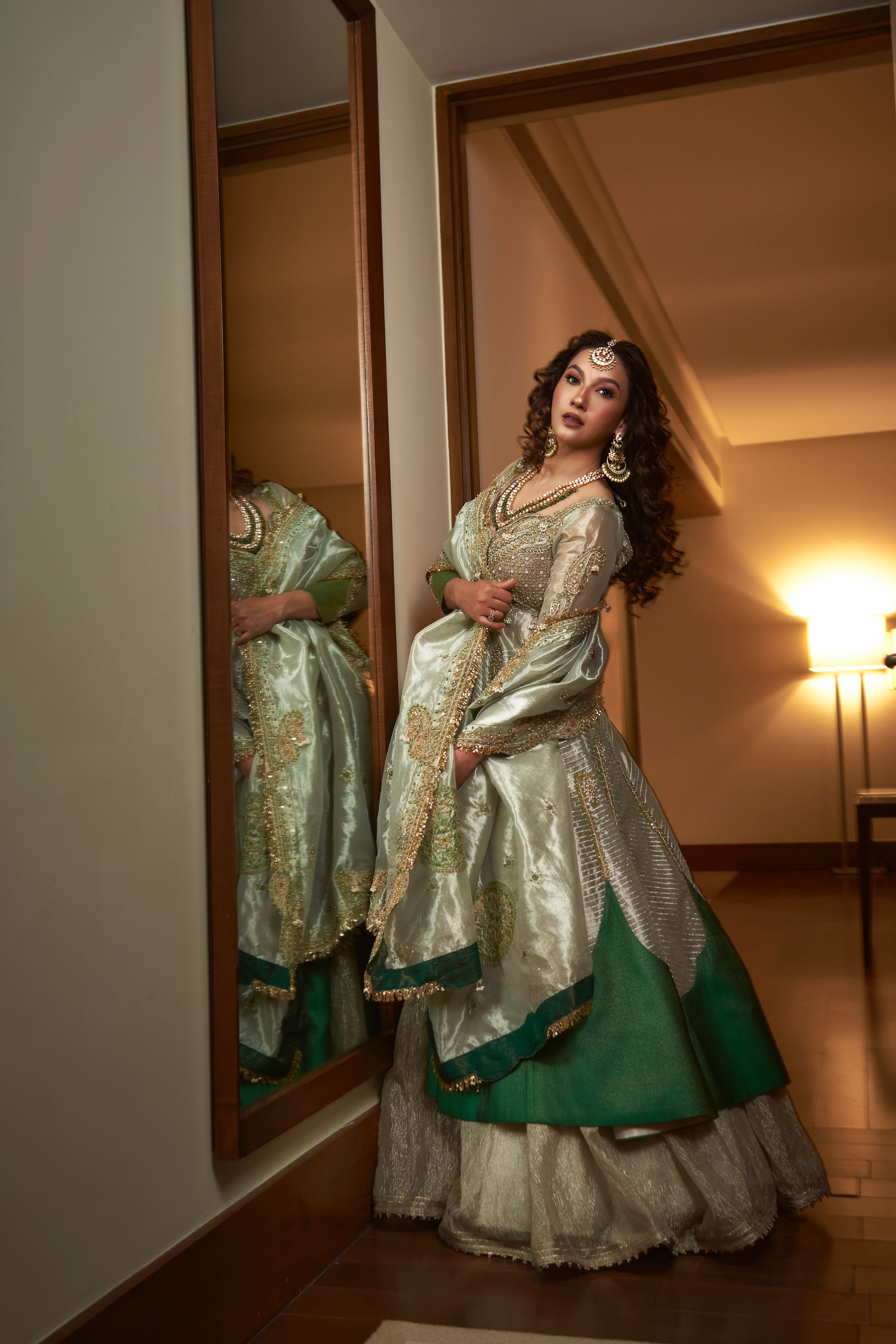 Gauhar Khan in our Pearl gold silk zari tissue jacket with skirt set