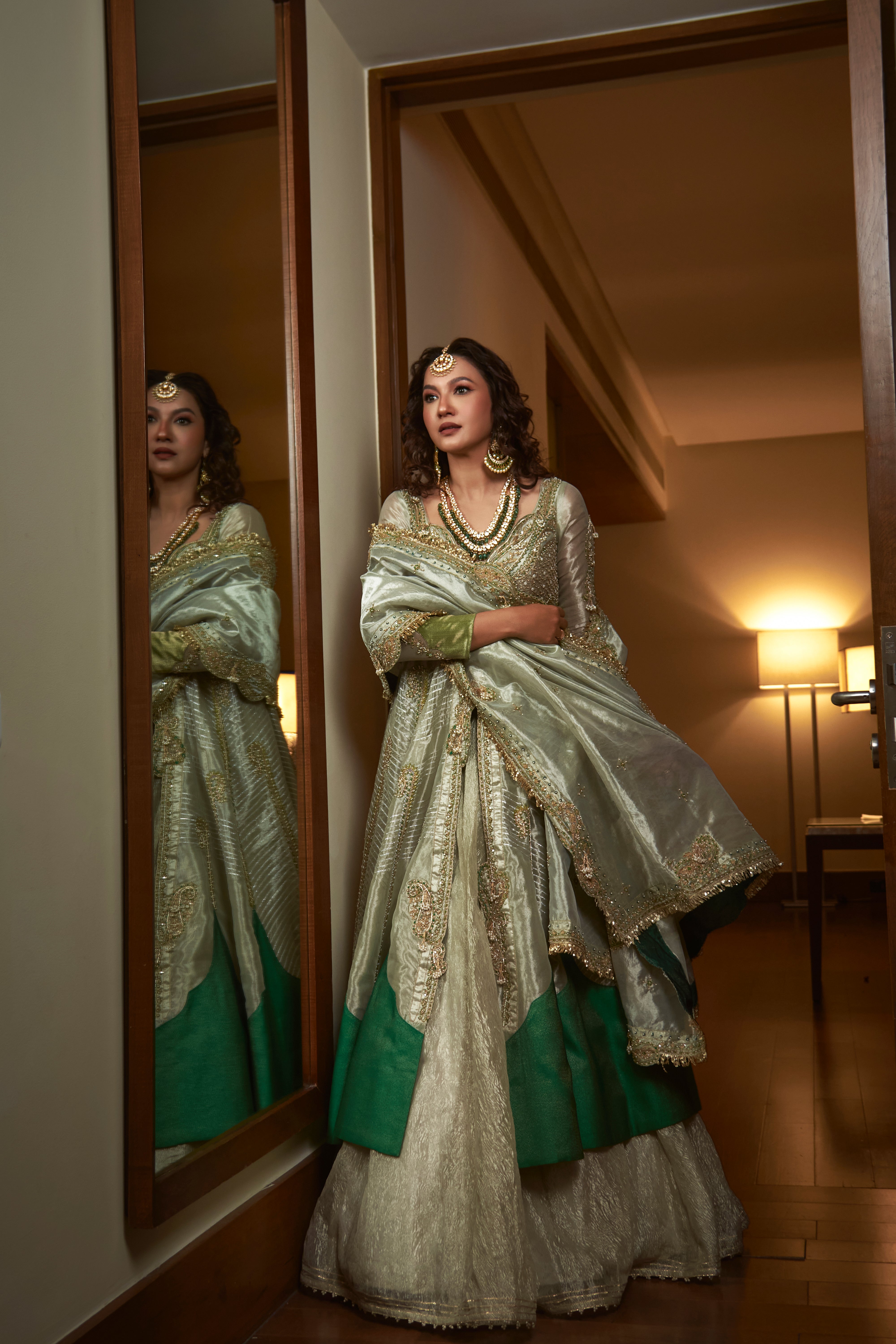 Gauhar Khan in our Pearl gold silk zari tissue jacket with skirt set