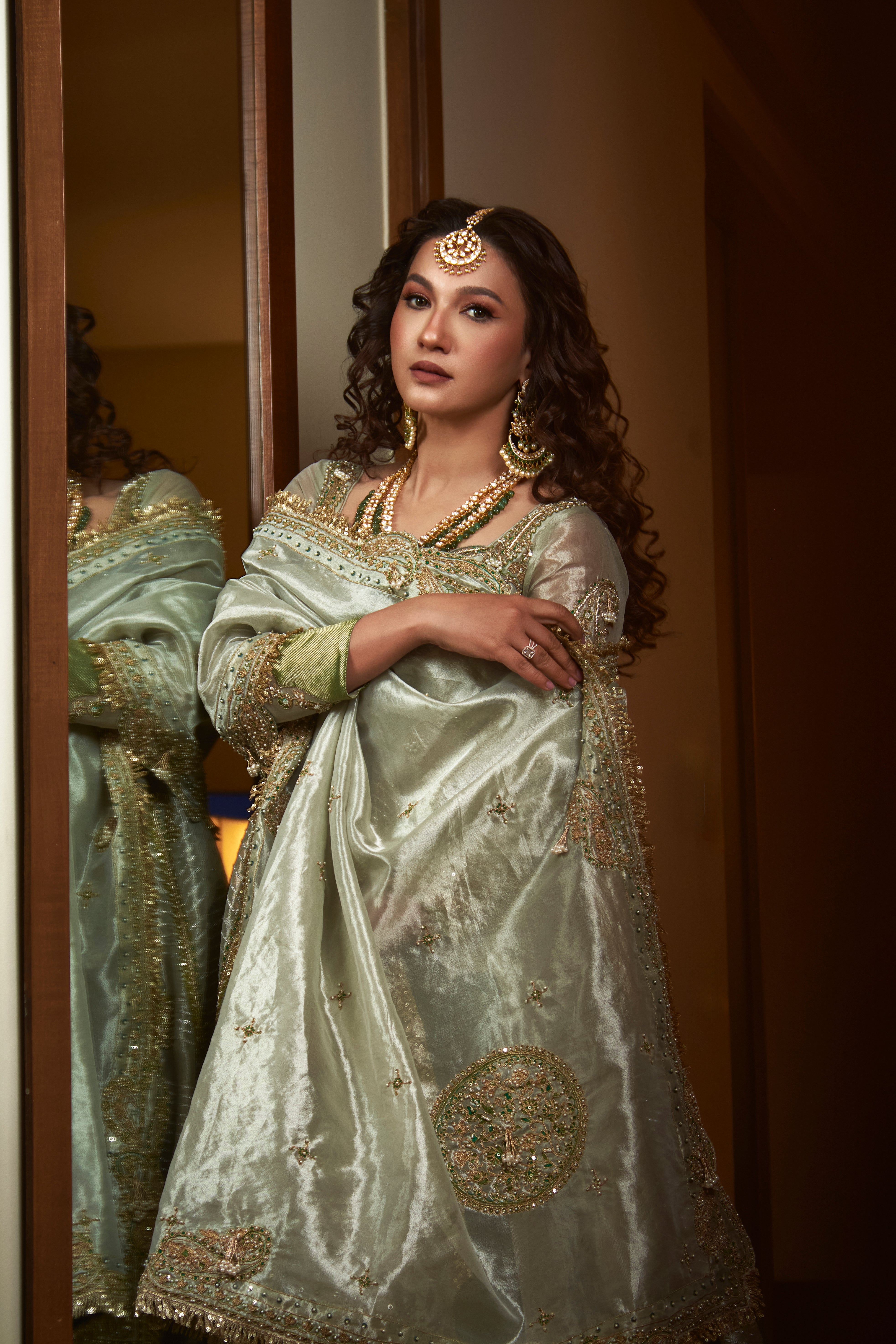 Gauhar Khan in our Pearl gold silk zari tissue jacket with skirt set