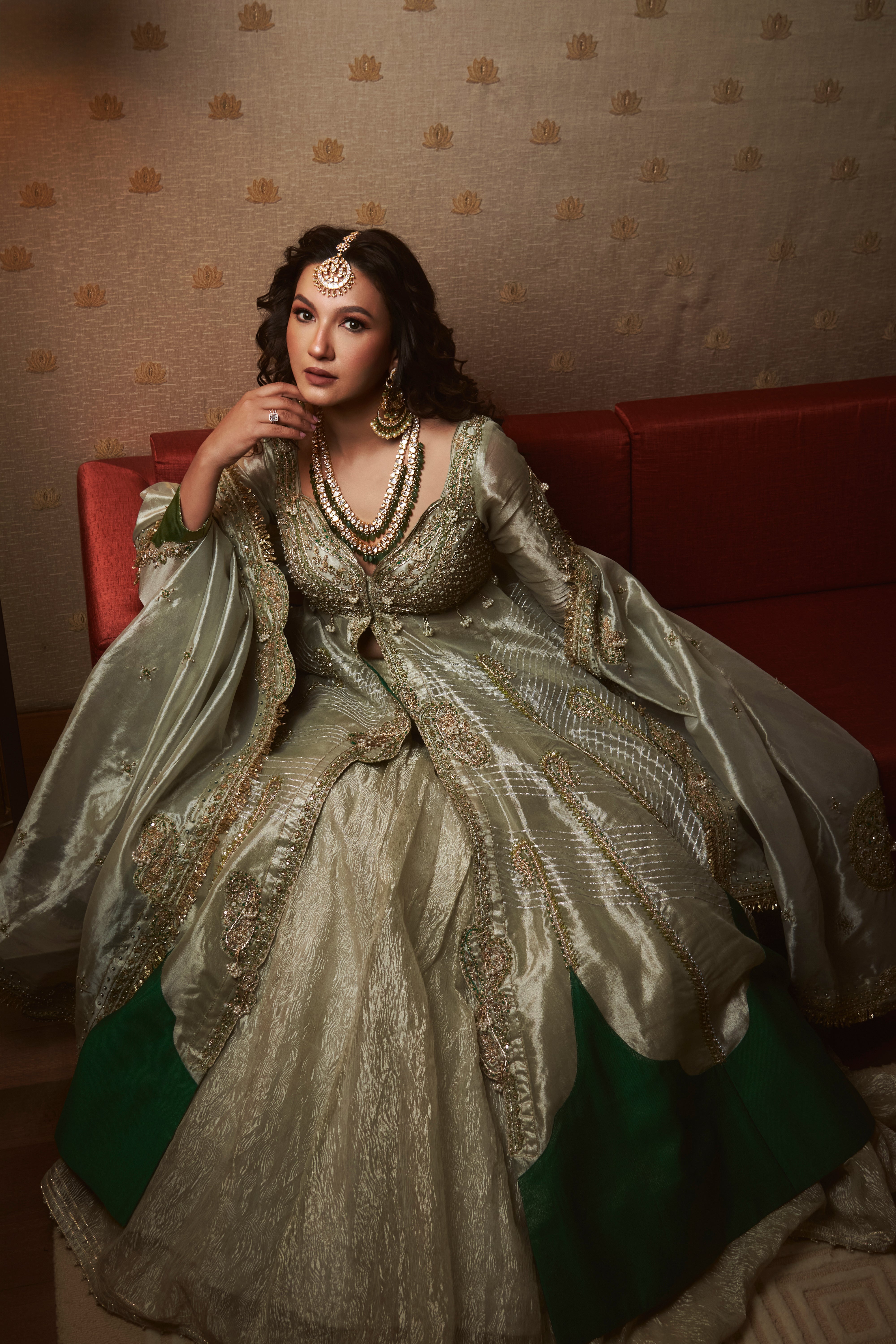 Gauhar Khan in our Pearl gold silk zari tissue jacket with skirt set