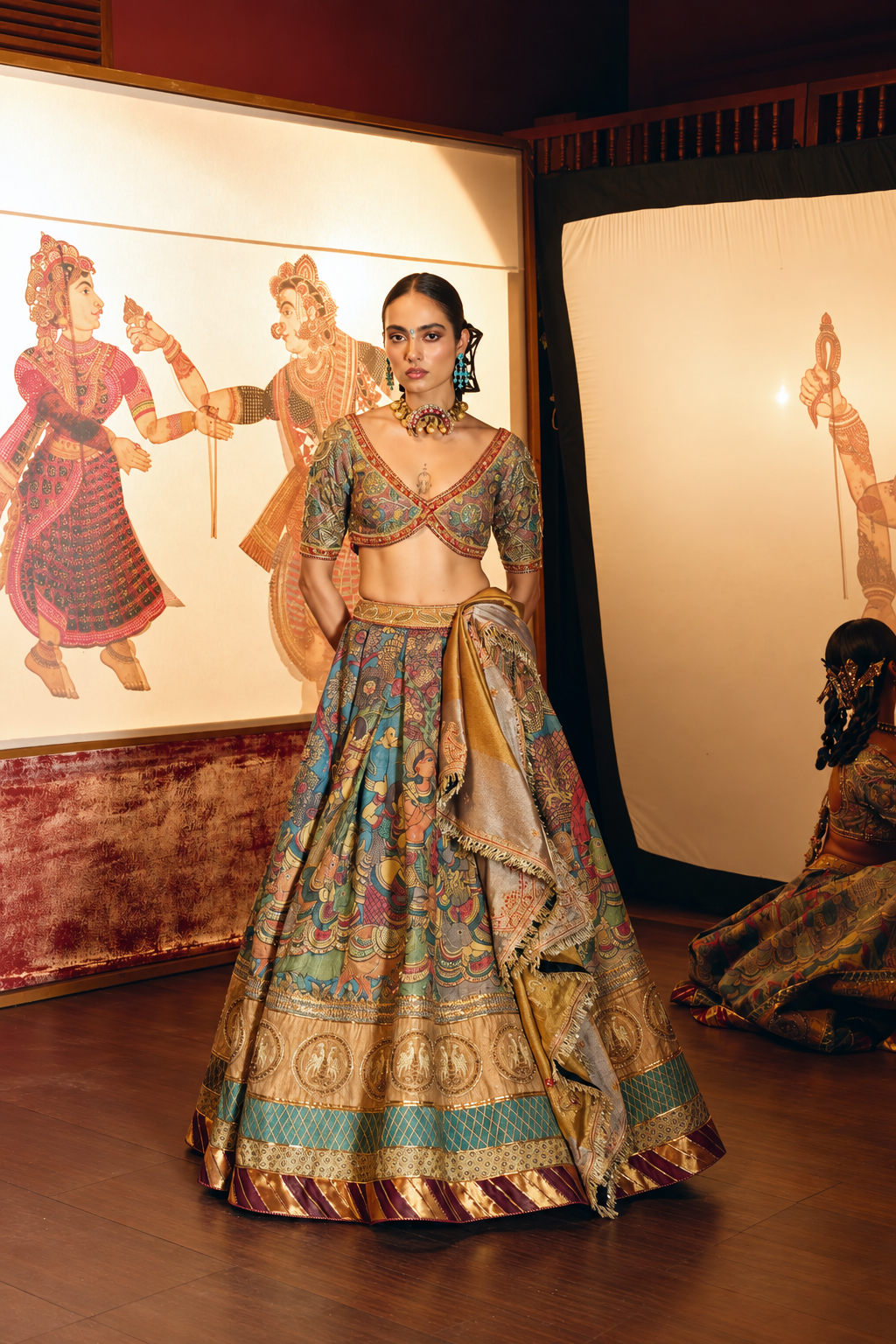 Krishna Leela Teal Kalamkari Lehenga Set