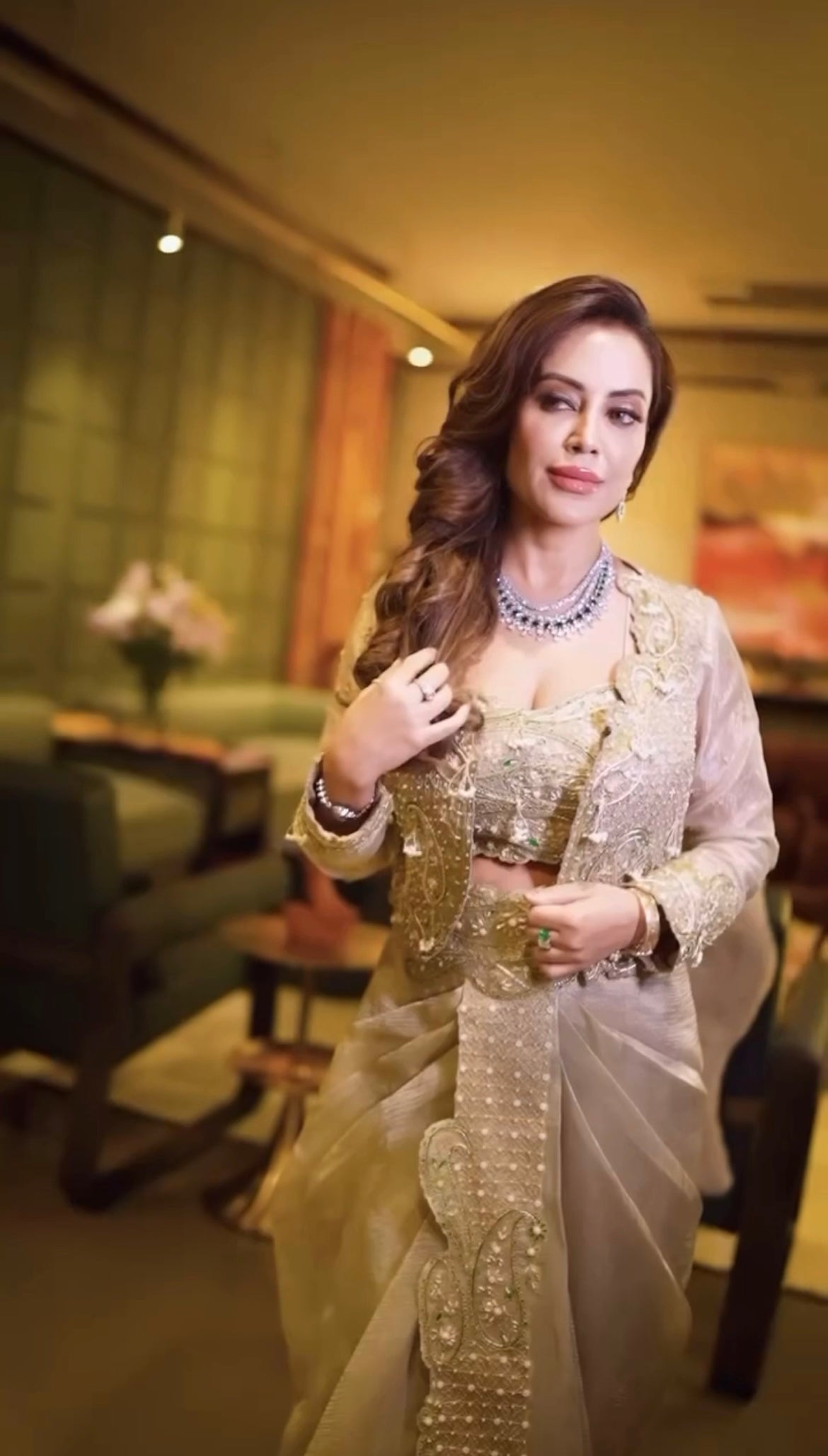 Priyankka agarwal Pearl Gold silk zari tissue draped skirt and croped jacket