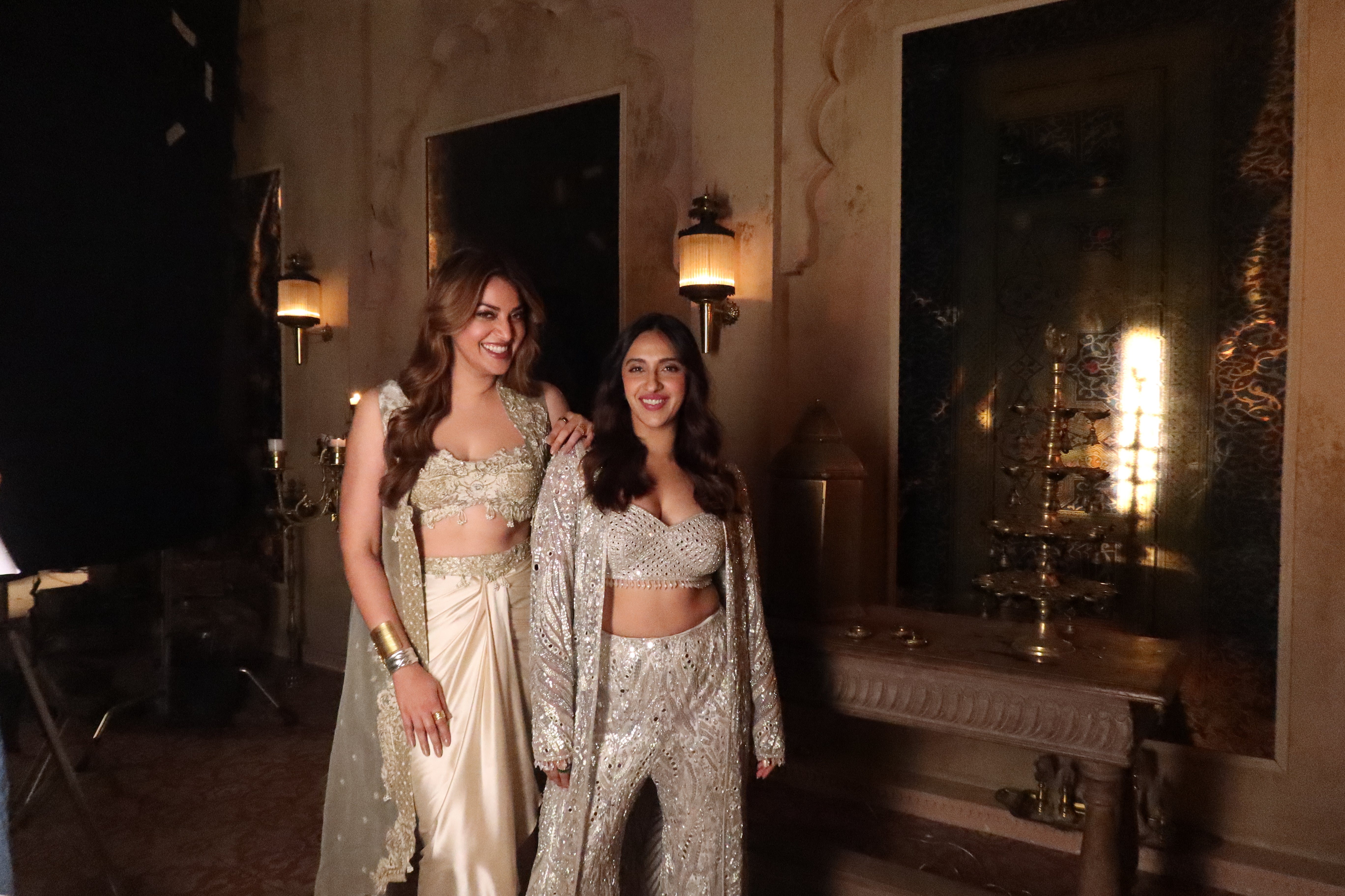 Anushka Ranjan in our Champagne gold drape satin skirt with cape