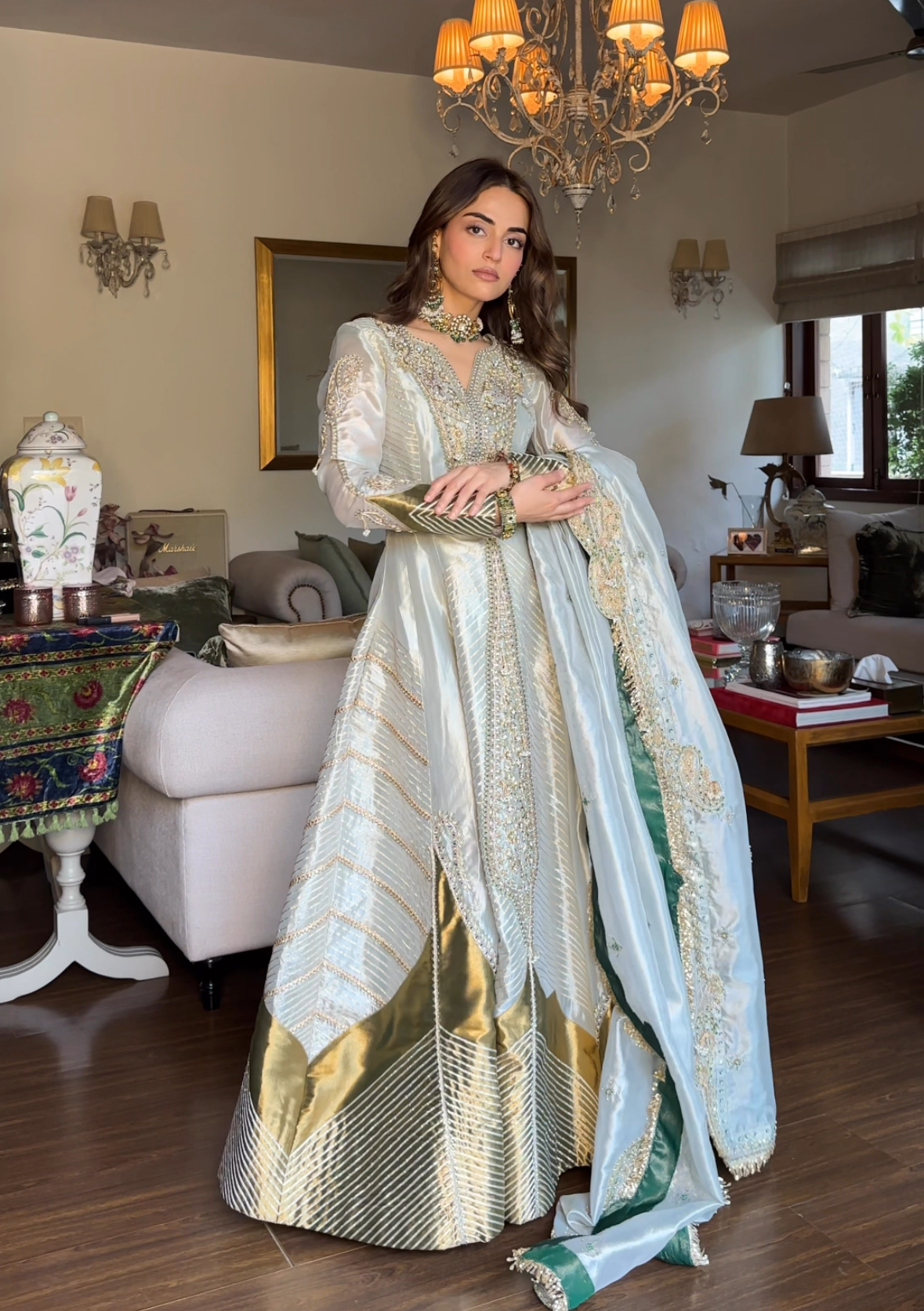 Mehak bakshi in our Pearl gold silk zari tissue anarkali