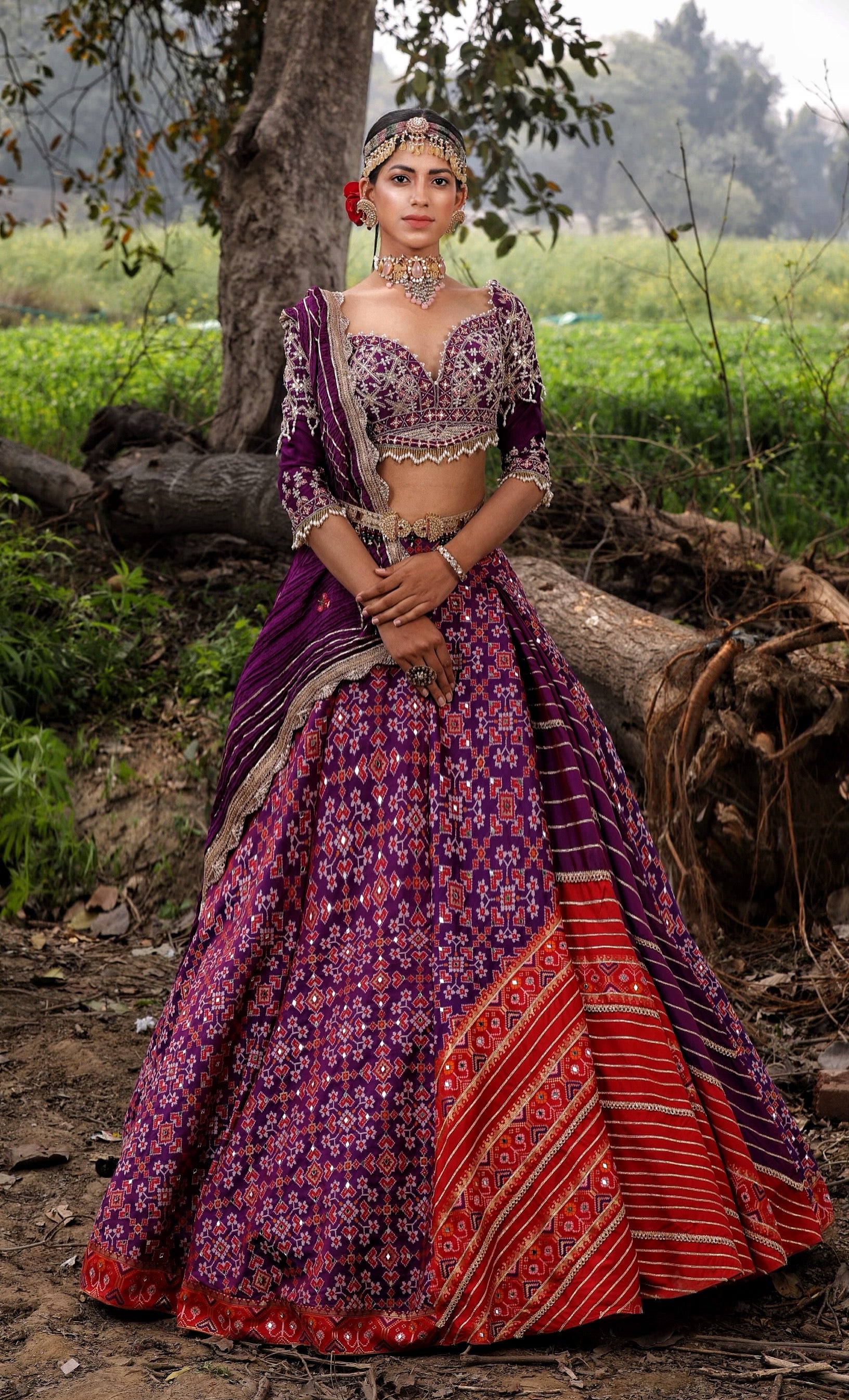 Red & Purple Banarasi Embroidered Lehenga