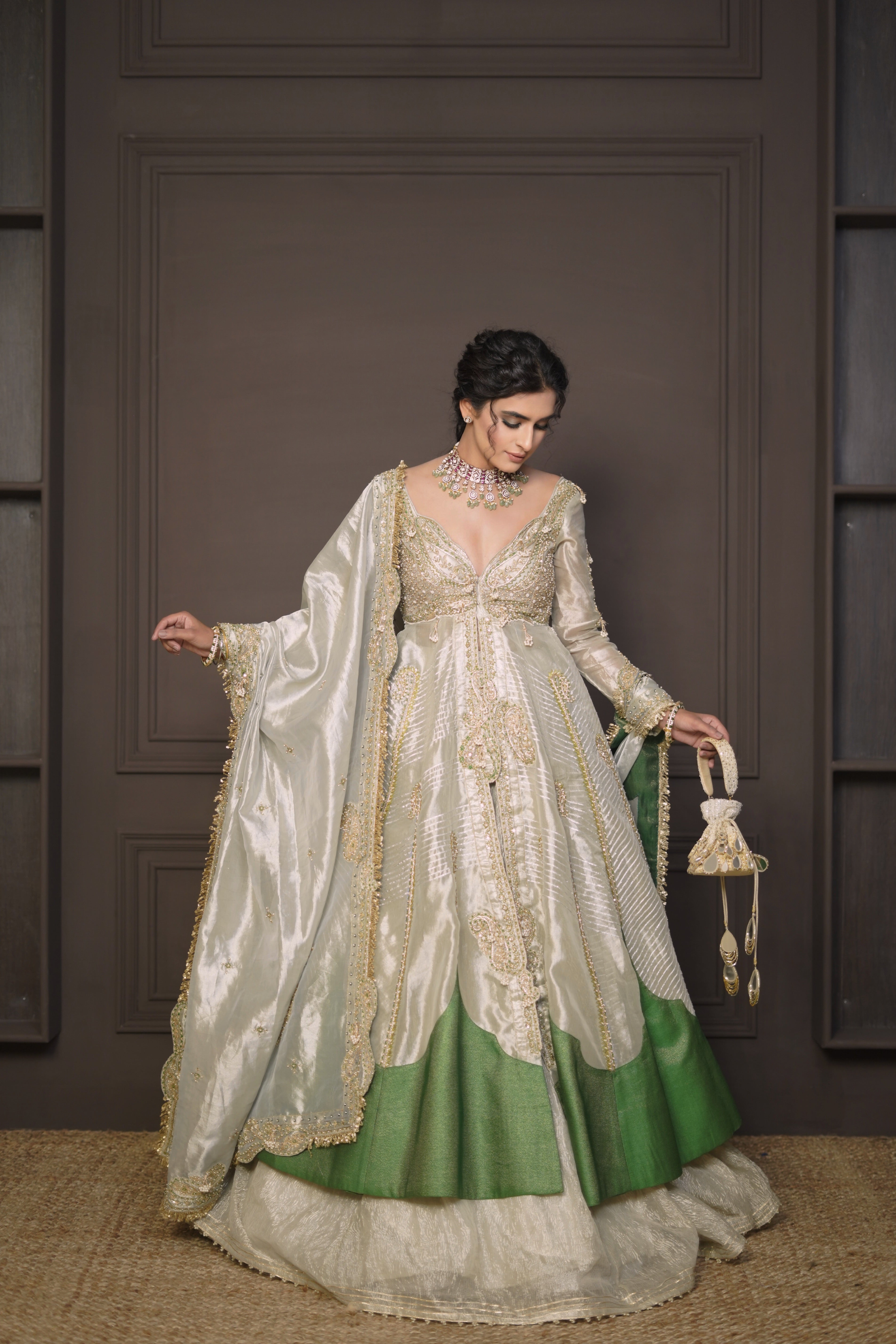 Bhavdeep Kaur in our Pearl gold silk zari tissue jacket with skirt set