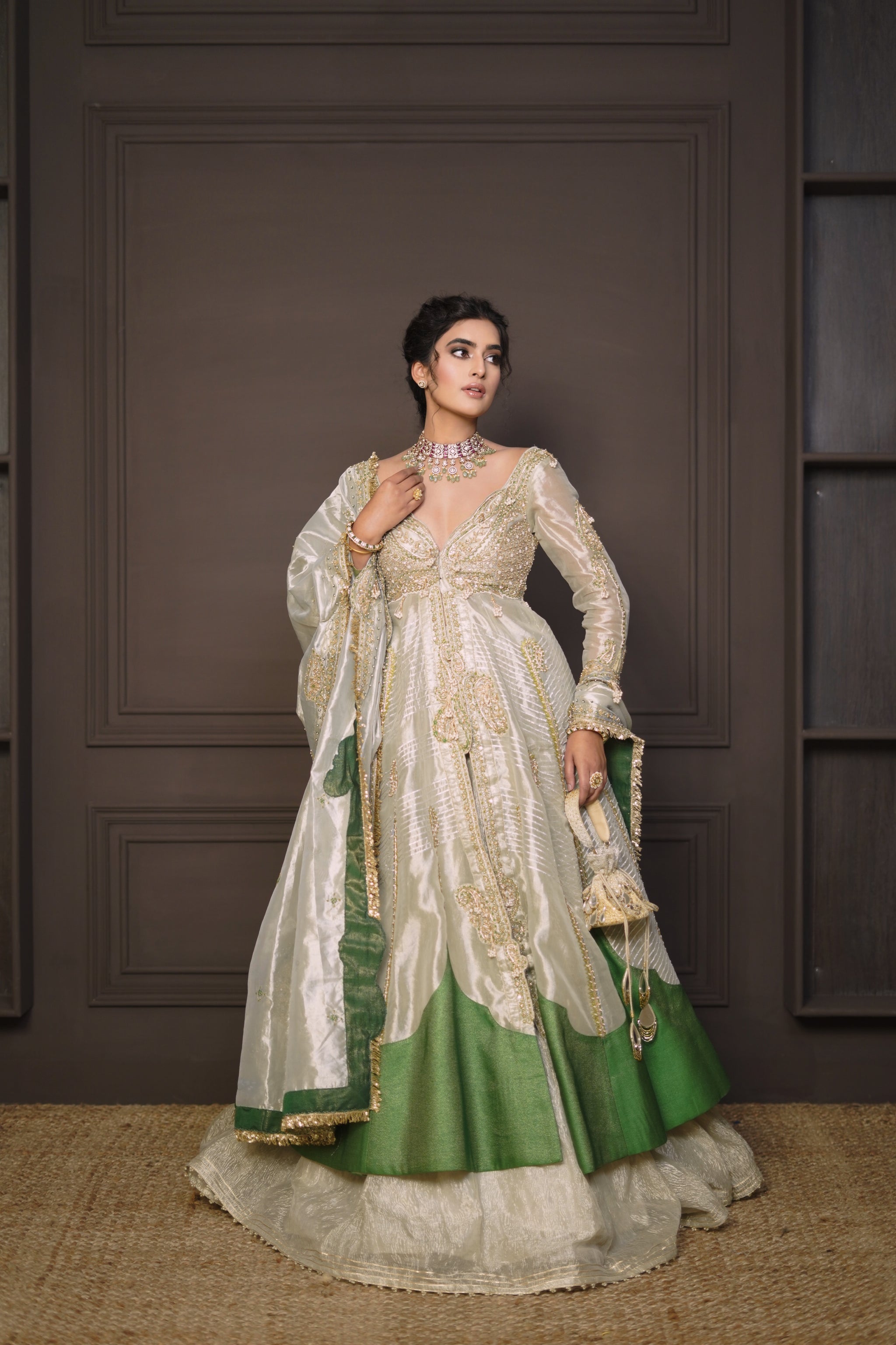 Blue silk zari tissue jacket with skirt and Dupatta