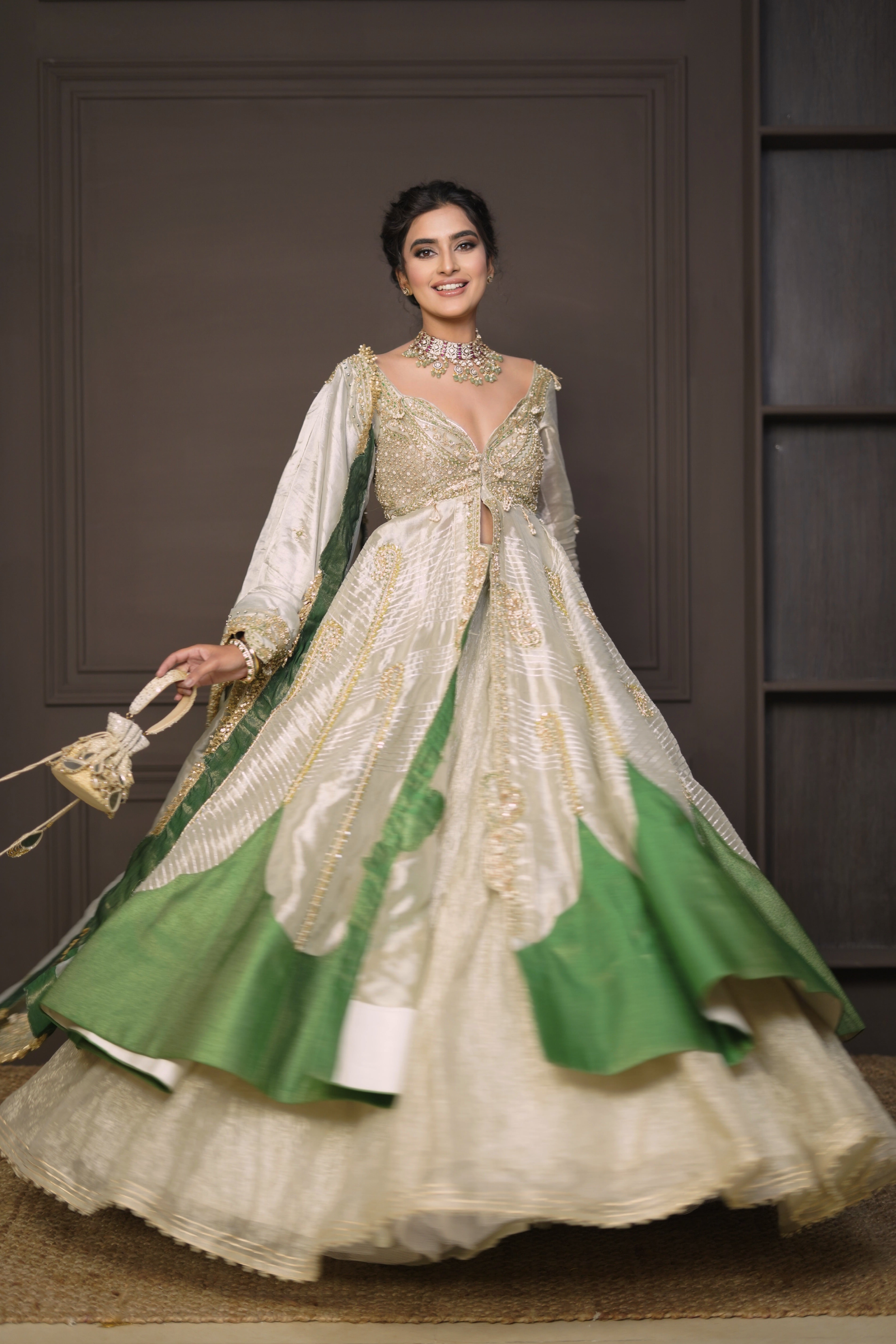 Bhavdeep Kaur in our Pearl gold silk zari tissue jacket with skirt set