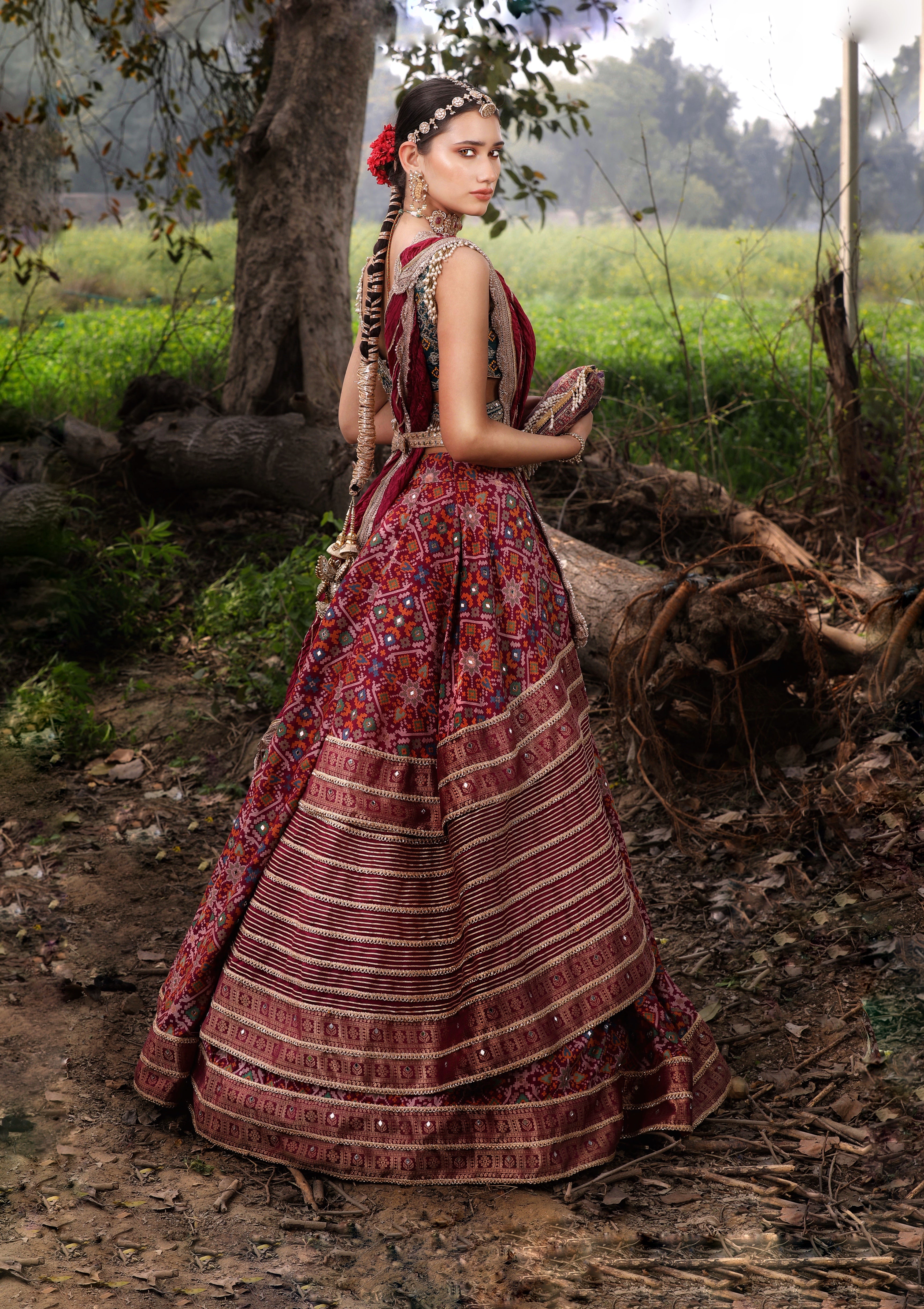 Shop Women's Wine Banarasi Ikat Lehenga Set