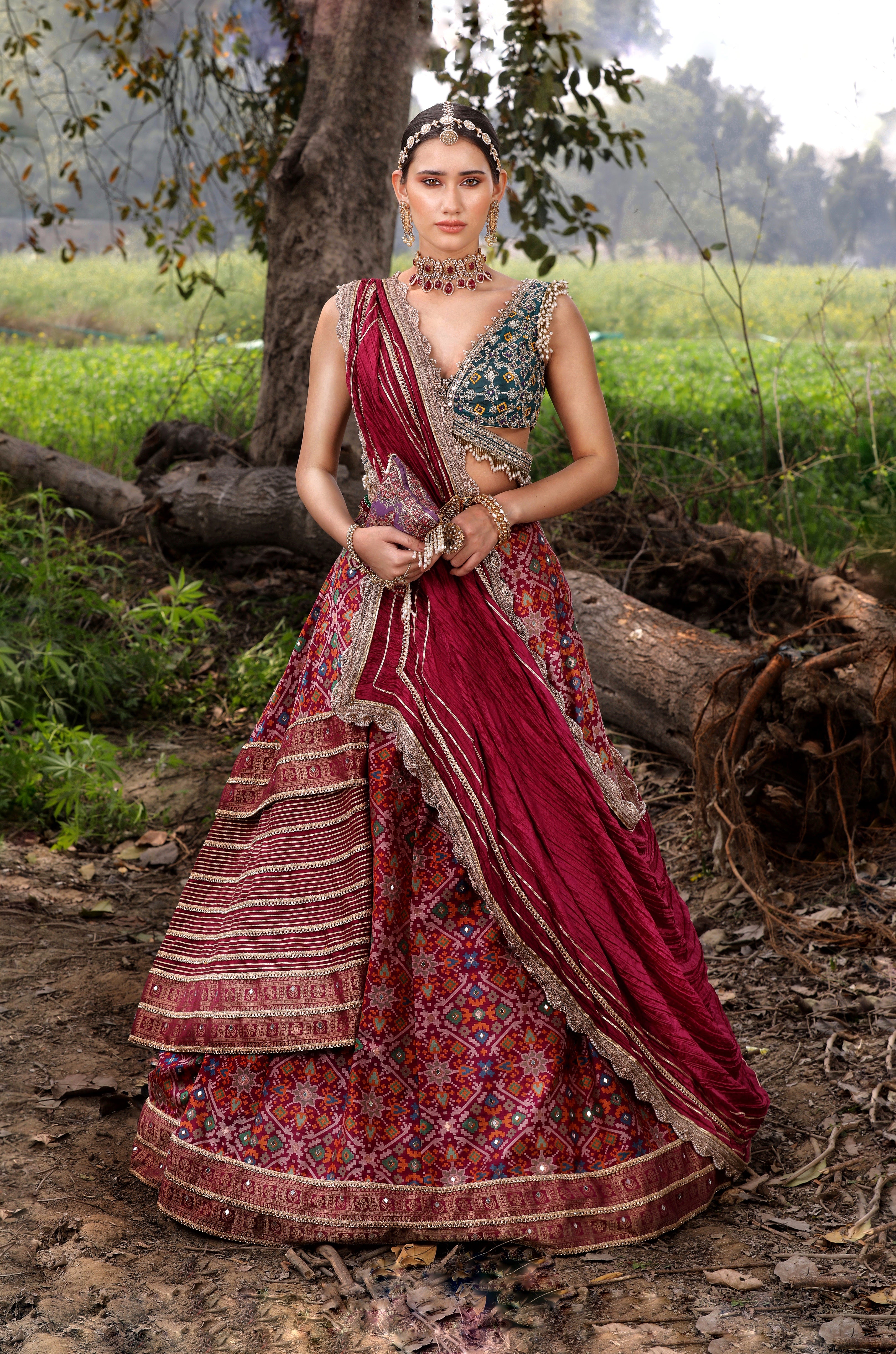 Shop Women's Wine Banarasi Ikat Lehenga Set