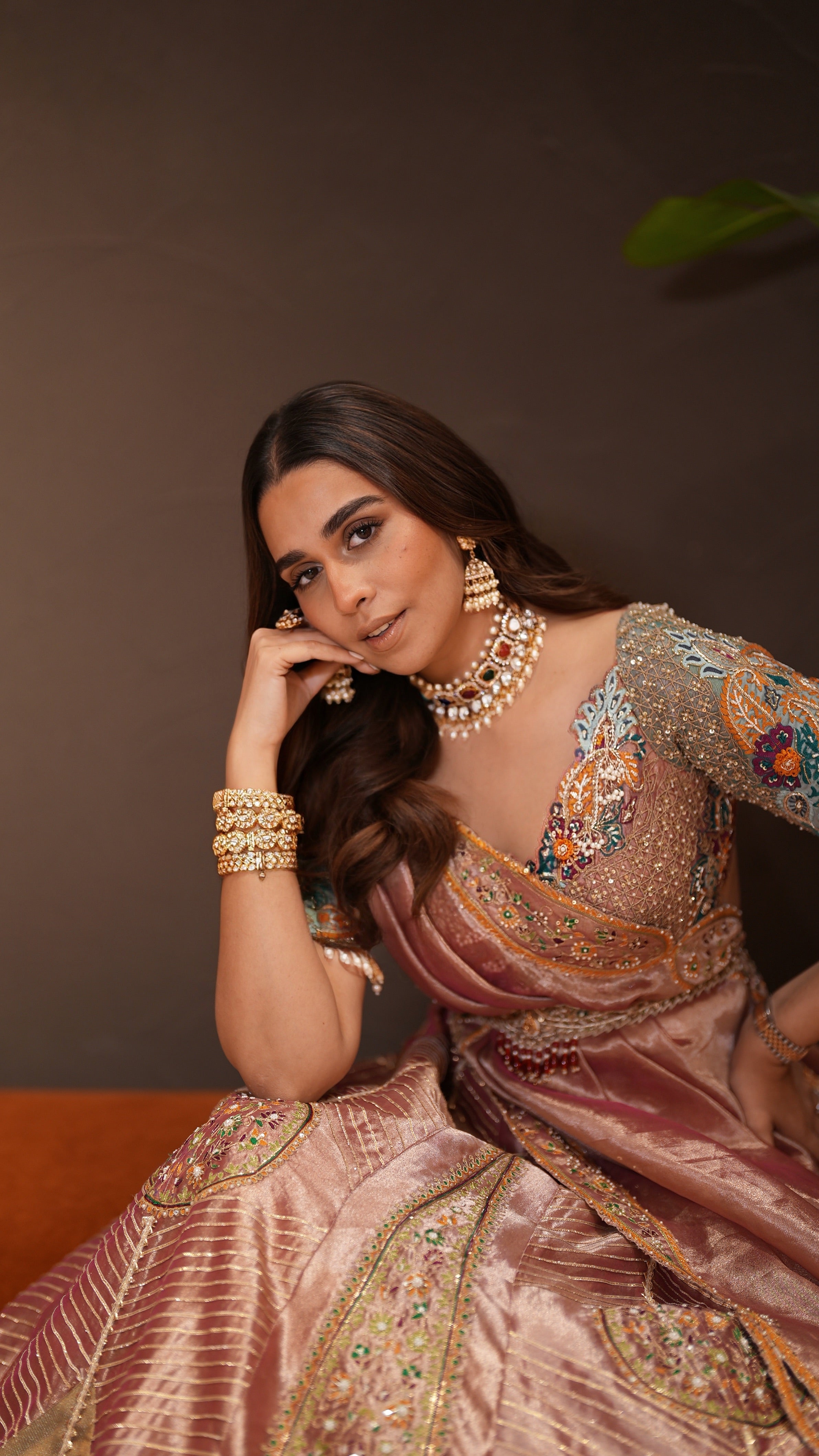 Summiyya in our Pink silk zari tissue lehnga set