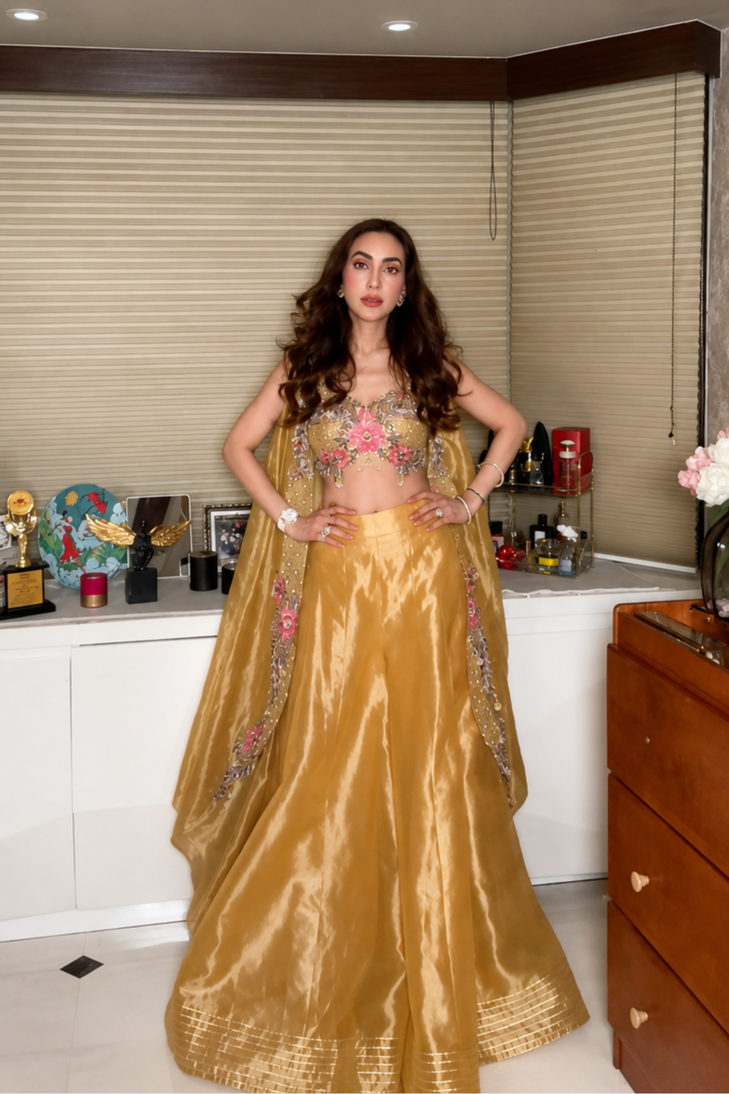 Seema Diwan in our Mustard yellow pure zari tissue sharara set with organza cape