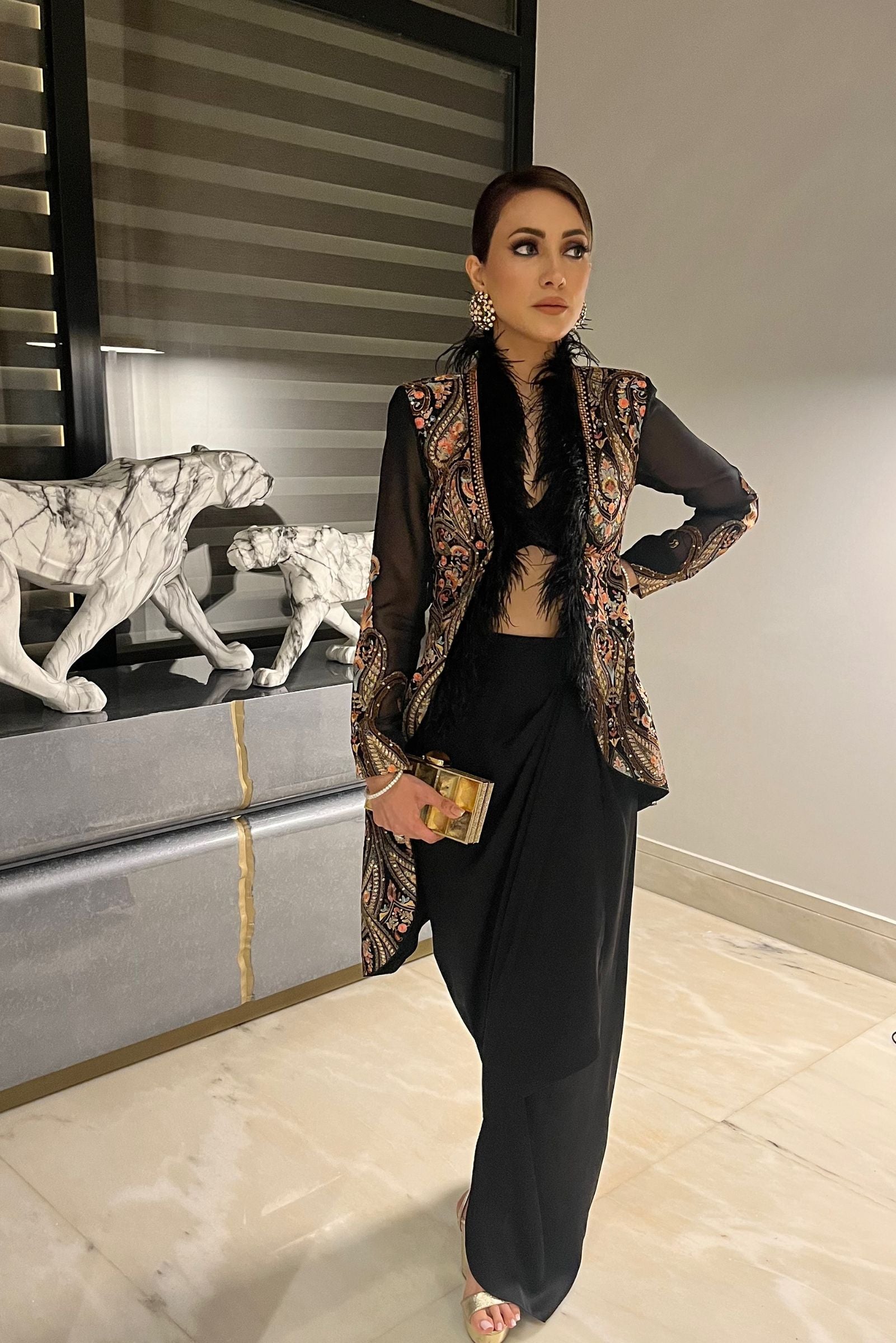 Women's Black Embroidered Kashida Jacket Set Aditi Gupta