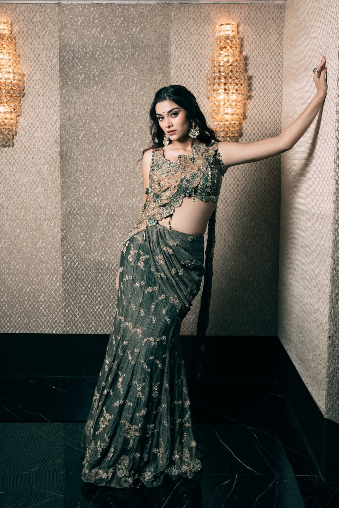 Saiee Manjrekar in our Emerald Green Drape Saree and Blouse Set