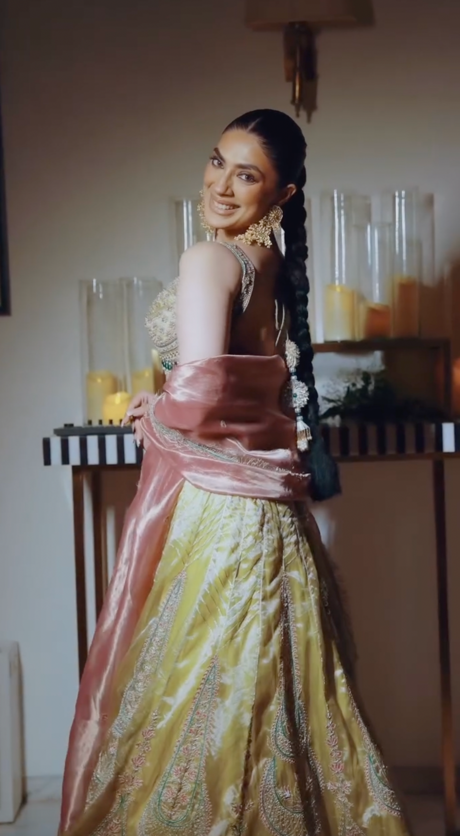 Aashna Jolly in our Lemon green silk zari tissue Lehenga with rose pink dupatta