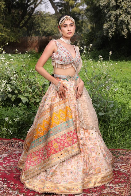 Women's Ivory Floral Banarasi Lehenga Set