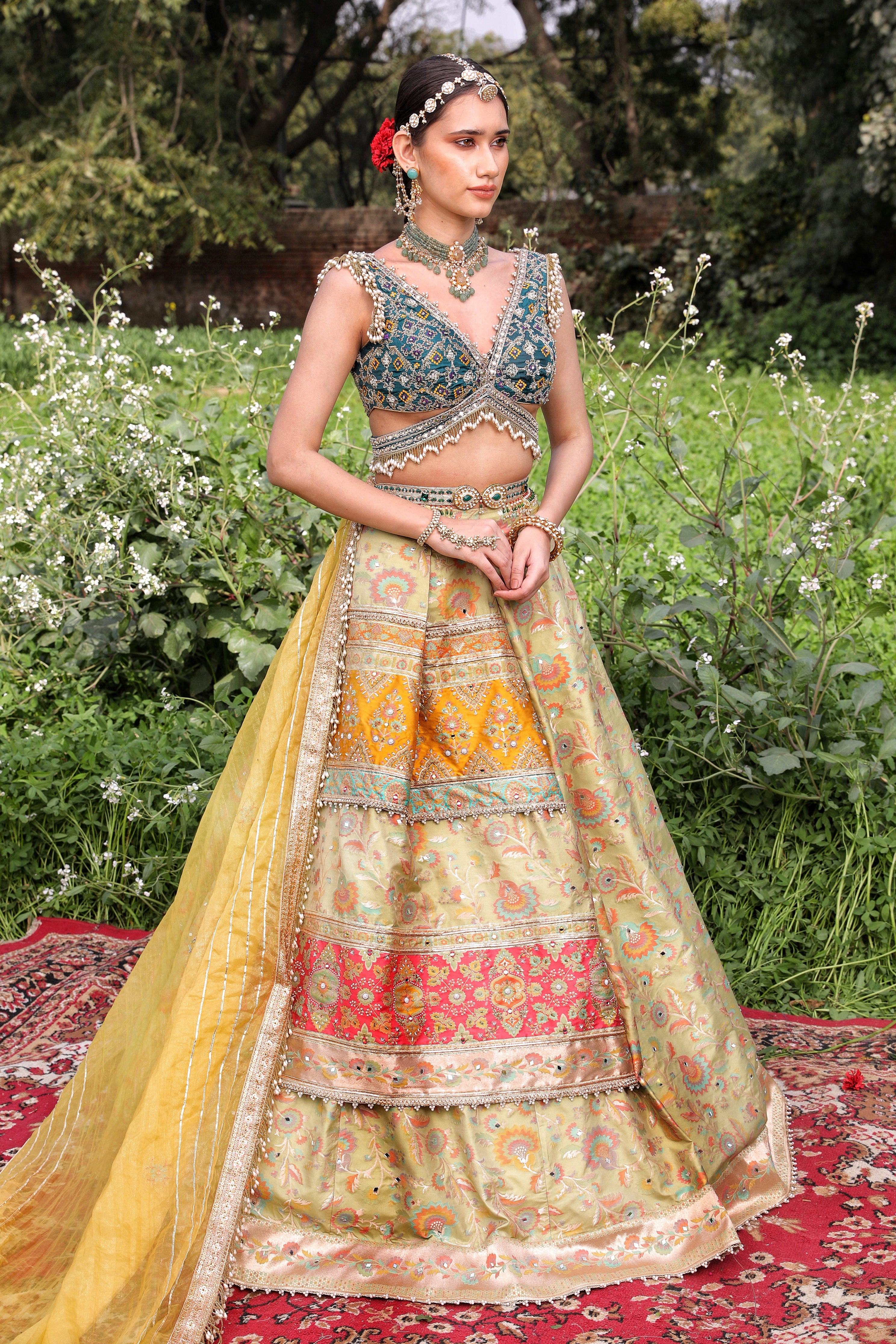 Women's Double Layered Peach Floral Lehenga Set