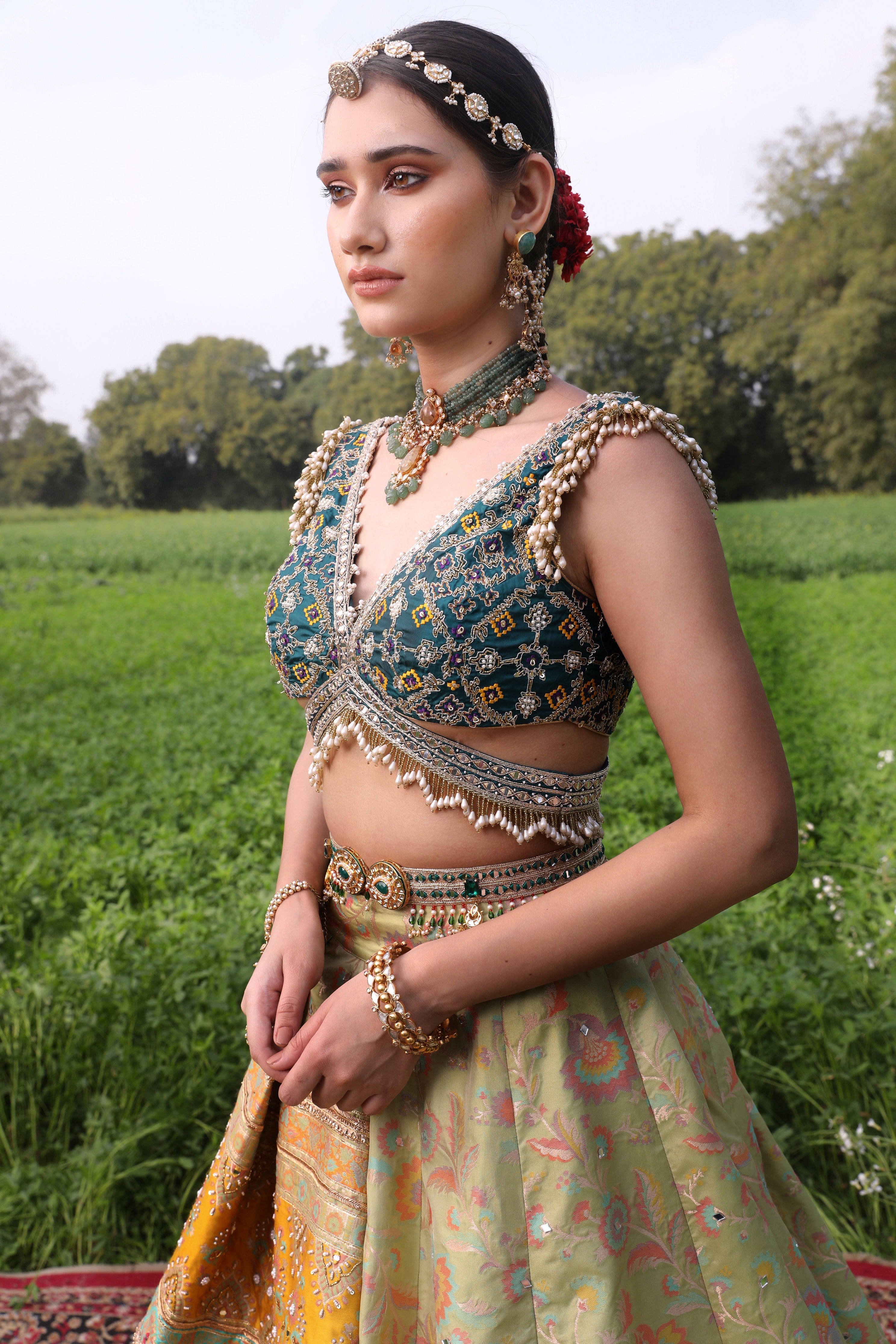 Women's Double Layered Peach Floral Lehenga Set sideview