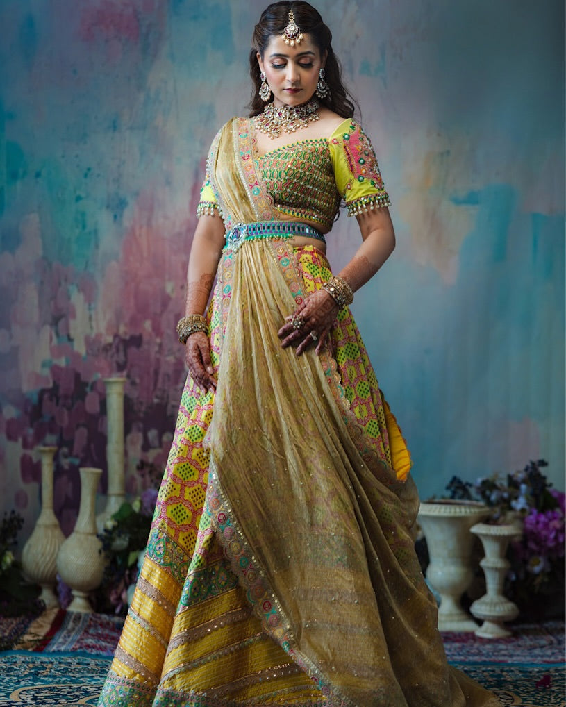 Rukmini Neil Mukesh in our Yellow Bandhani Banarasi Woven Lehenga